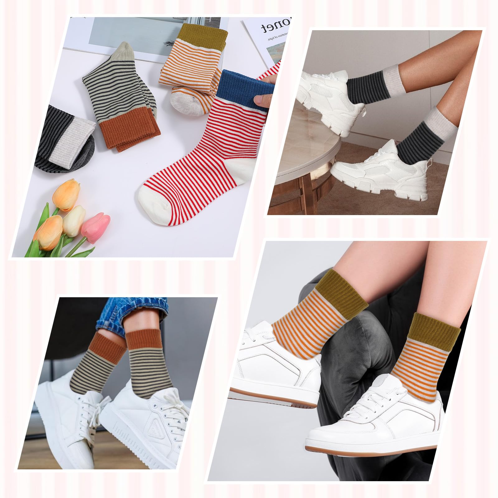 Ouligay 4 Paar Socken Damen 39-42 Baumwolle Bunte Sportsocken Atmungsaktive Tennissocken Retro Crew Socks Damen Streifen Motiv Damensocken Baumwollsocken Laufsocken für Tennis Arbeit Freizeit Sport