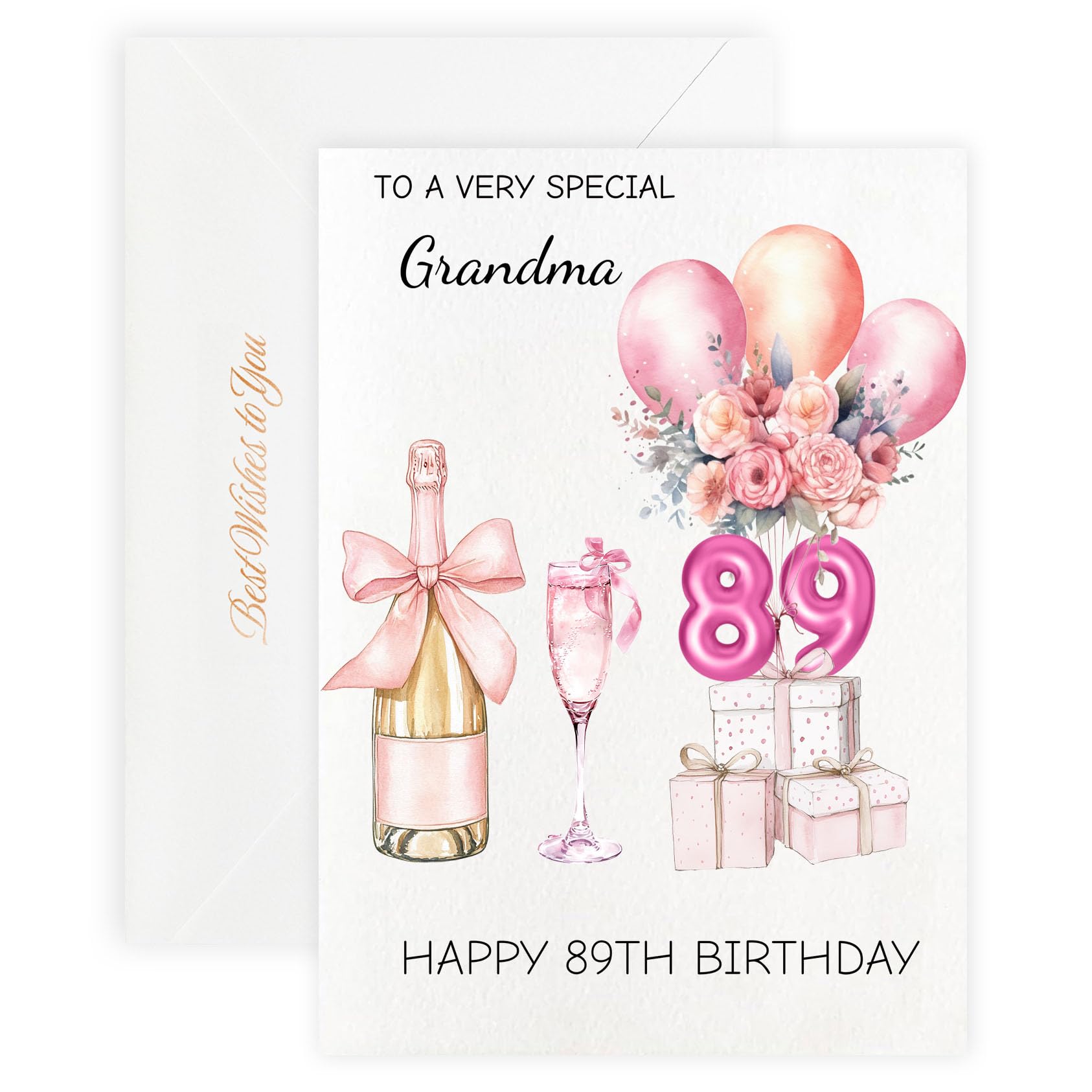 MAGJUCHE 89th Birthday Cards for Grandma, Pink Happy Birthday Cards, with Envelope and Wax Seal, 5x7 inch