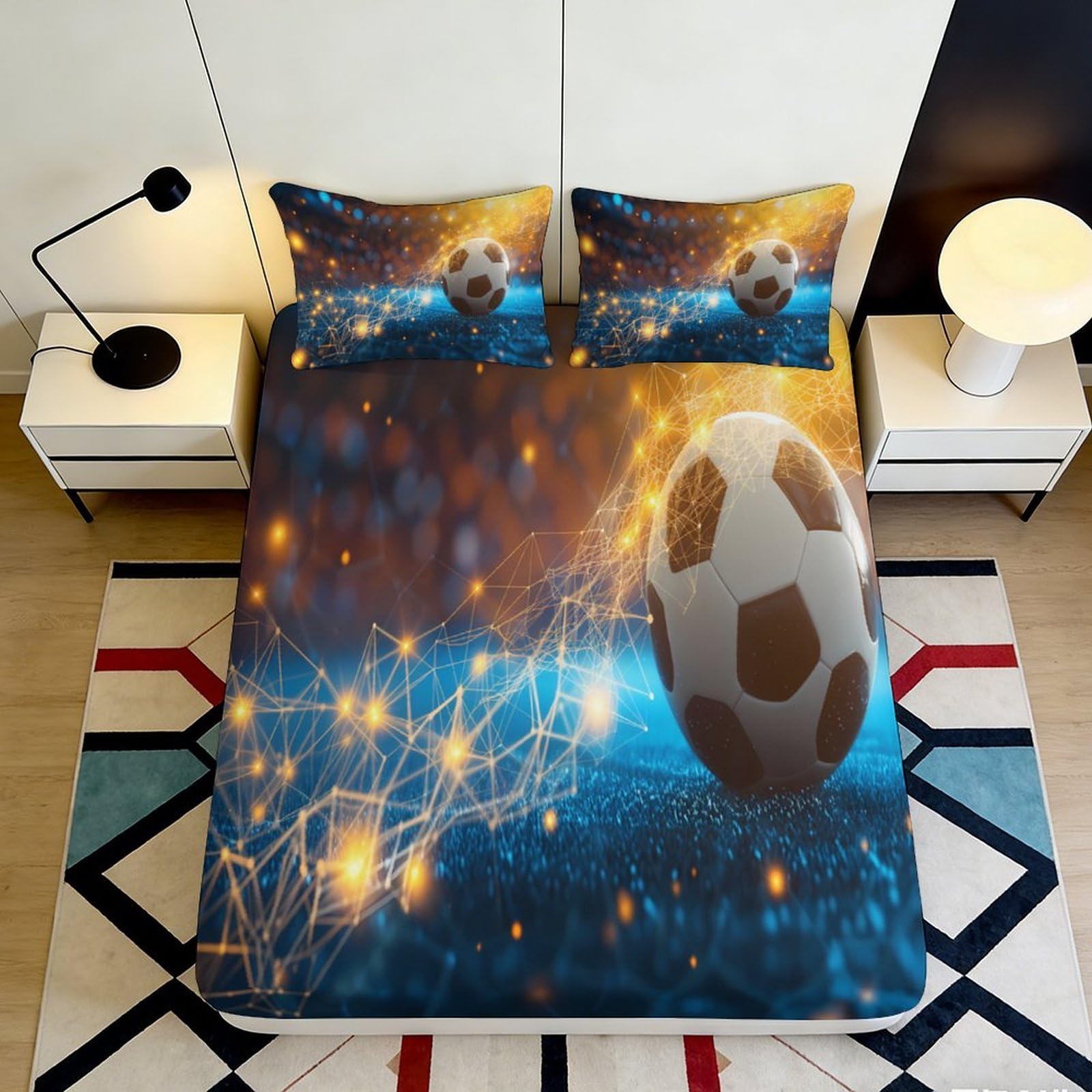 3D Printed Soccer Goal Fitted Sheet Microfiber Soft Breathable Night Light Bed Cover for Bedroom Dorm Decor 90x200x25cm