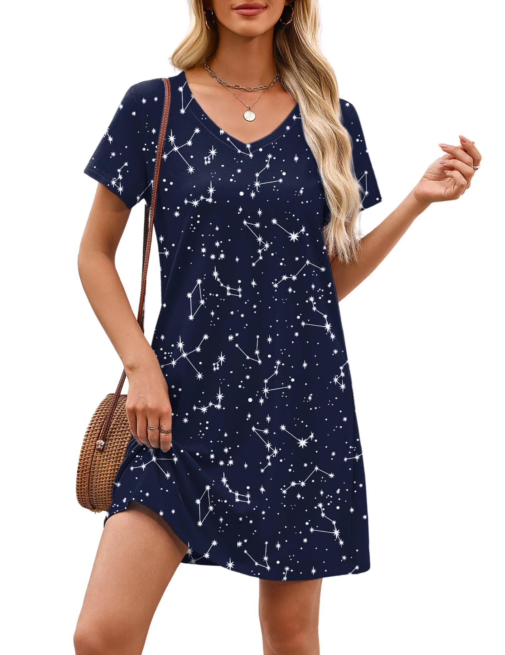 Ekouaer Cotton Nightgowns for Women Short Sleeve Womens Nightgown V Neck Sleep Shirts for Women Soft Sleepwear S-XXXL