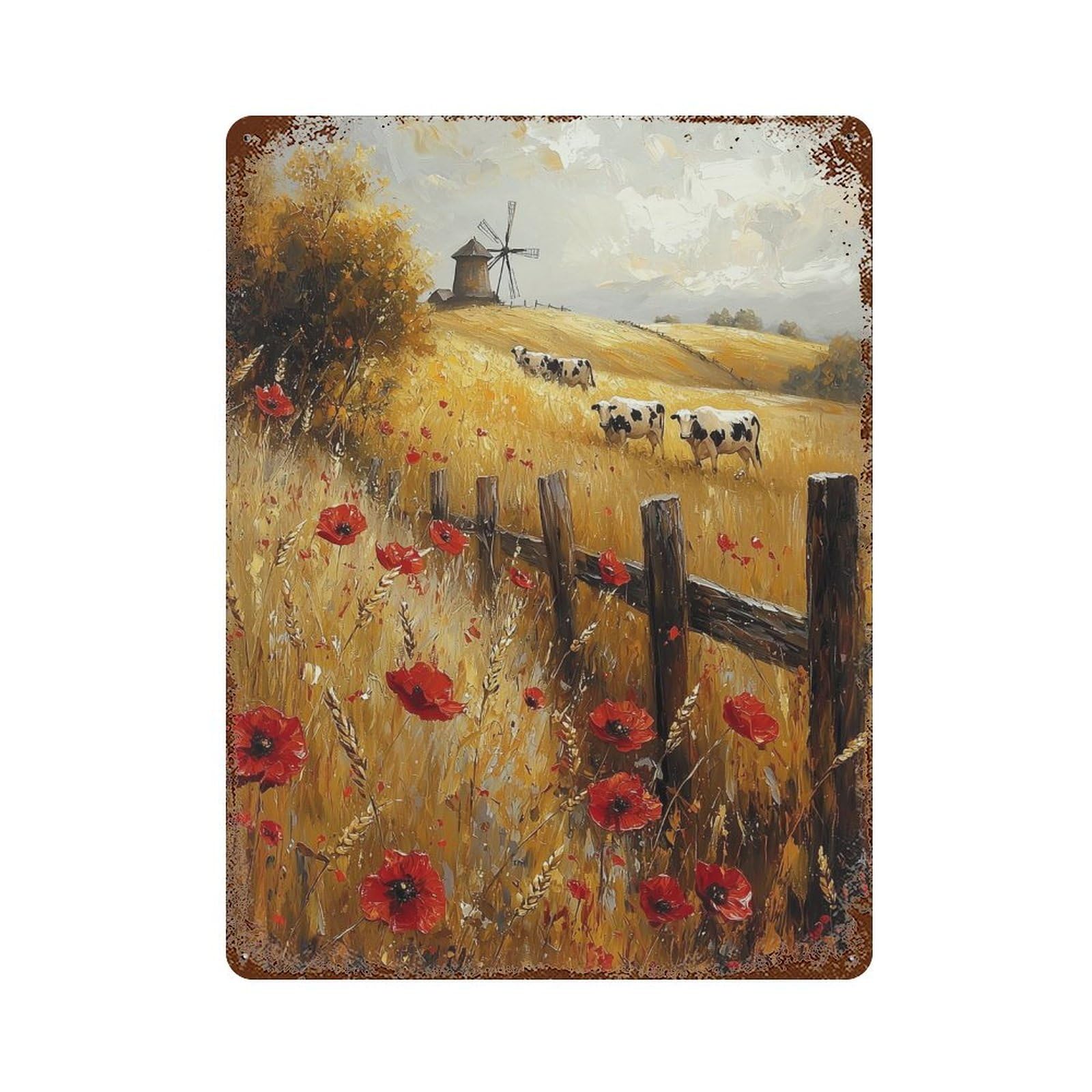 Vintage Rust Metal Sign Autumn Field with Cows And Windmill 15.7"x11.8", Old School Wall Decor for Garage, Bar And Workshop Decor