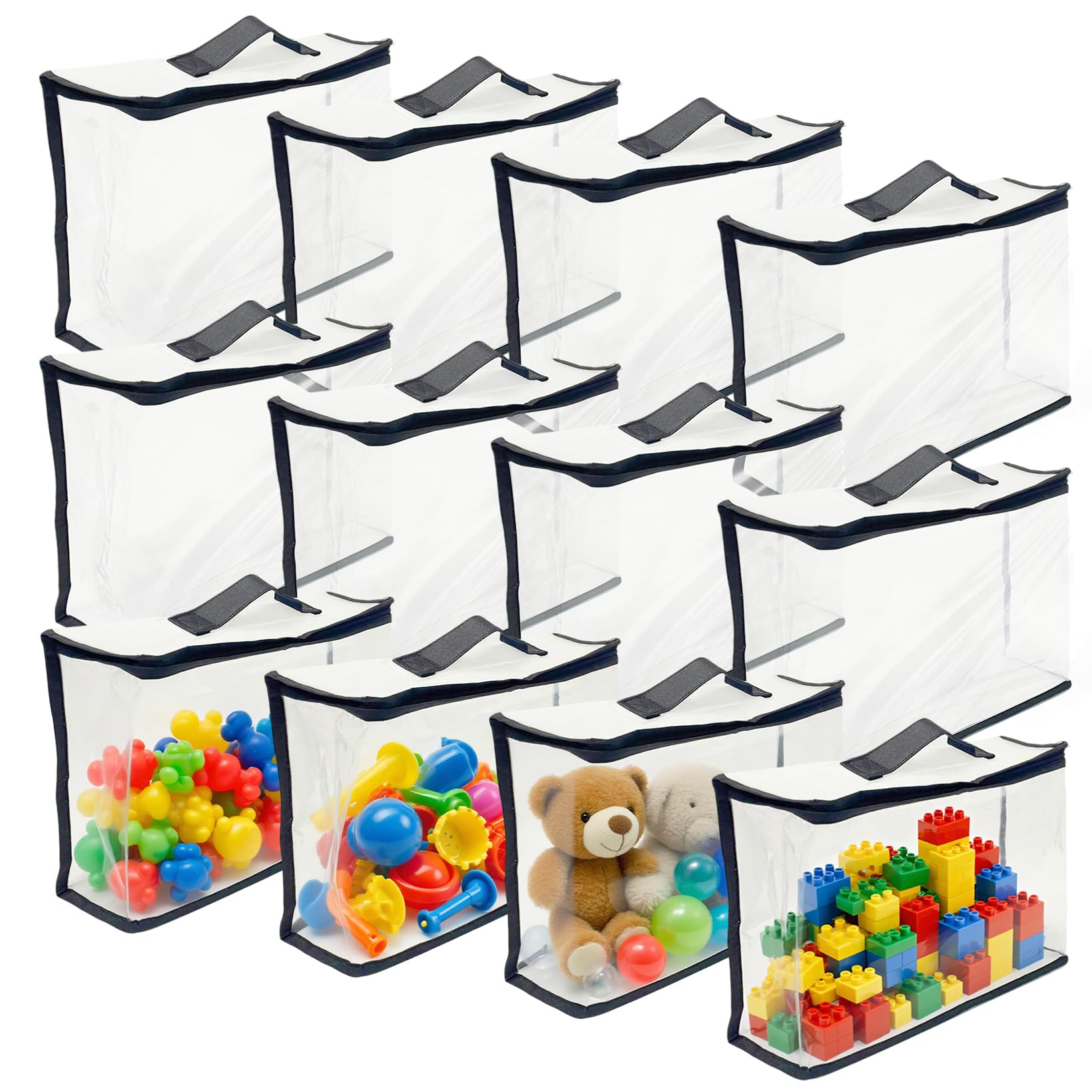 12 sztuk torebek z PCW do przechowywania zabawek, 32 x 31 x 8 cm, z zamkiem błyskawicznym, wodoszczelne kosmetyczki, przezroczyste, na zabawki do puzzli, klocków, zabawek kąpielowych, 12 sztuk