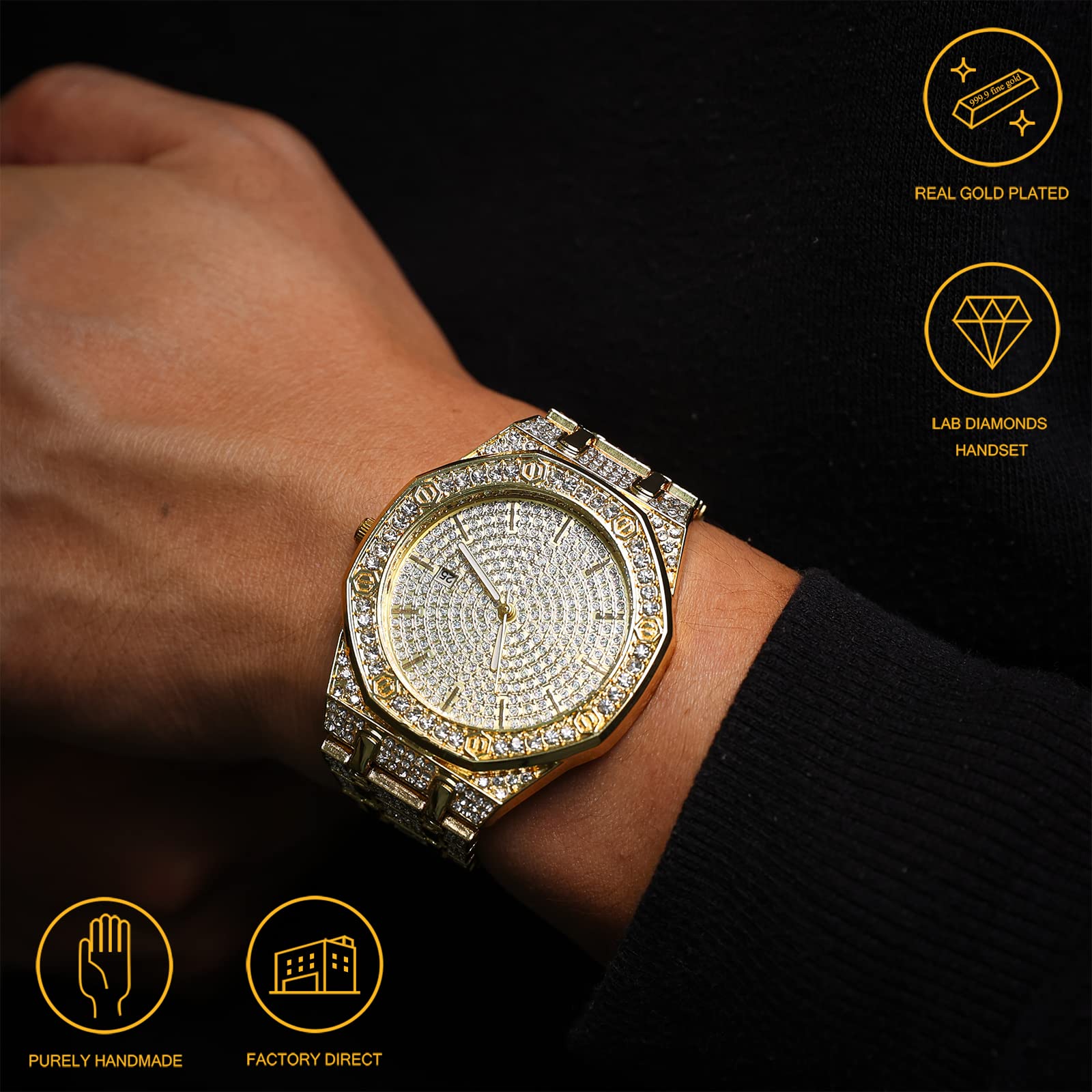 Halukakah Diamonds Gold Watch Iced Out,Men's 18K Real Gold Plated 40MM Width Octagonal Round Dial Quartz Wristband 8.7