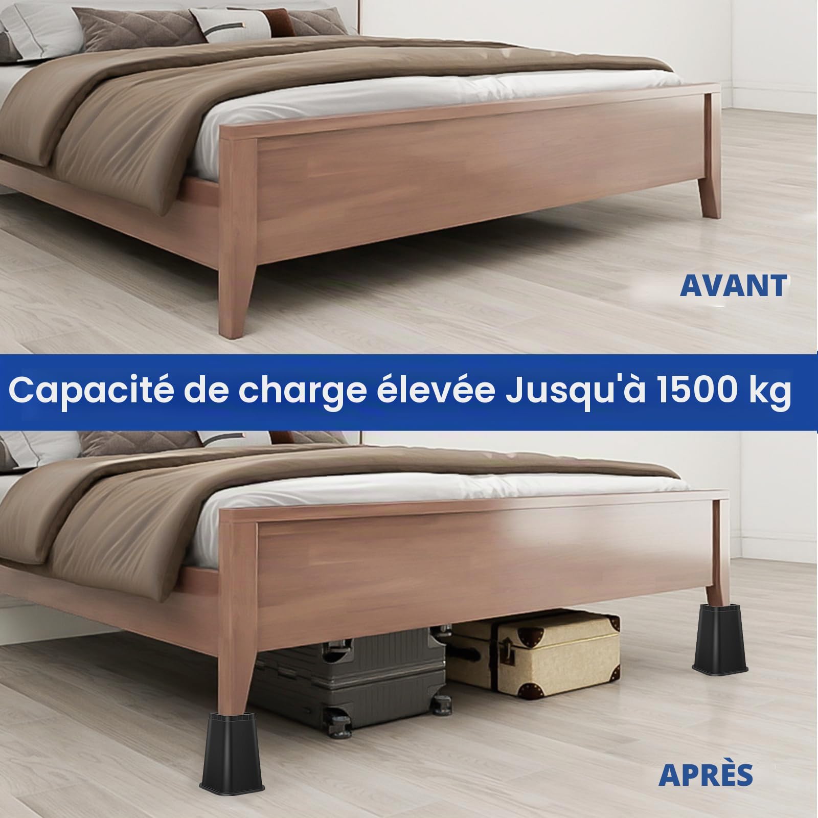 Lot de 4 rehausseurs carrés robustes de 20,3 cm pour lit, canapé, table, canapé - Noir (20,3 cm)