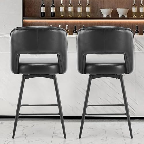 Miniatura 7 de Juego de 2 taburetes de bar modernos, taburetes de bar giratorios de poliuretano con respaldo abierto y patas de metal, sillas de bar tapizadas de