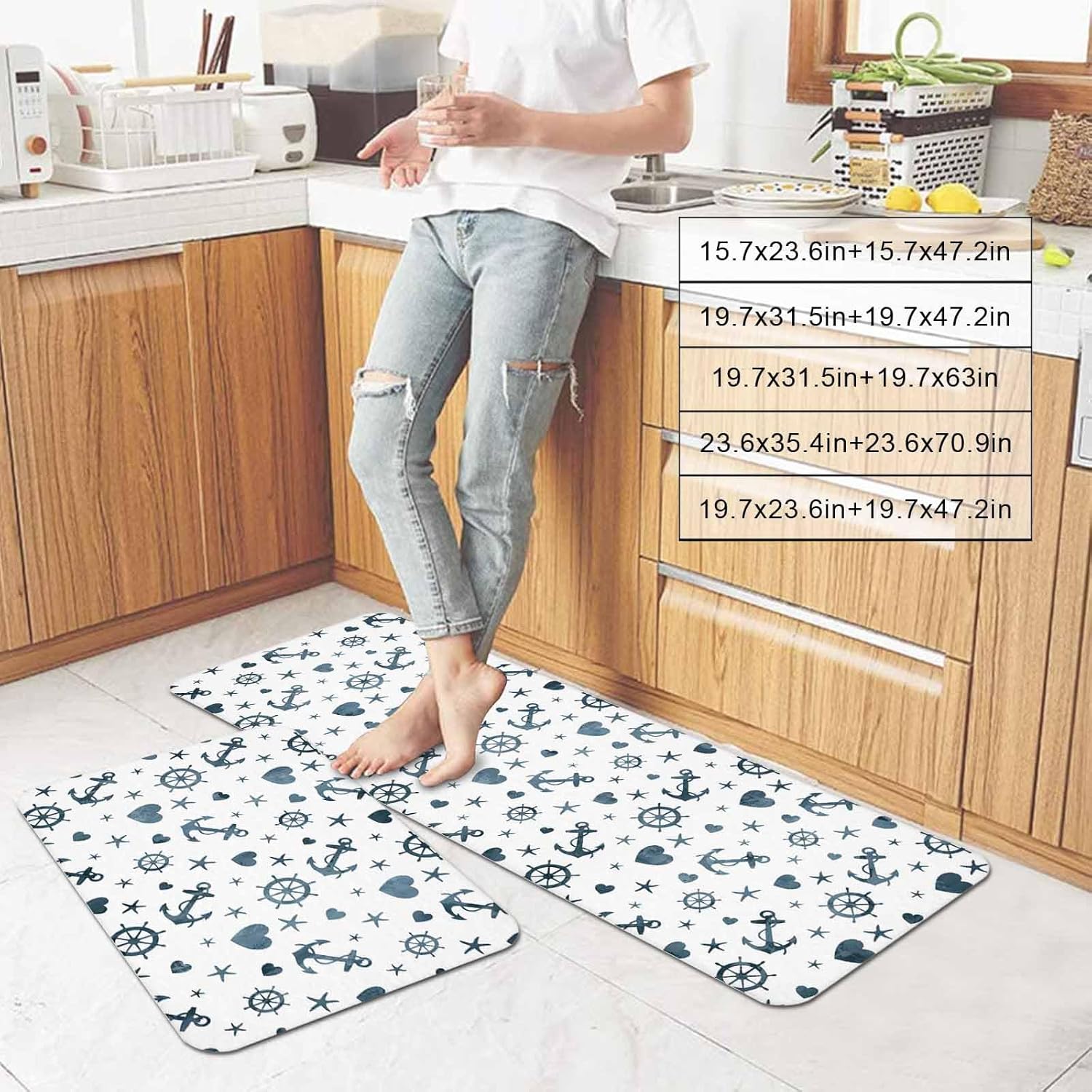 Prime Leader Summer Ocean Anchor Kitchen Mat Set 2 Pieces Nautical Coastal Sea Compass Love Heart Star Non Slip Kitchen Rugs Washable Runner Rug Mats for Sink Laundry (15.7" x 23.6"+15.7" x 47.2")