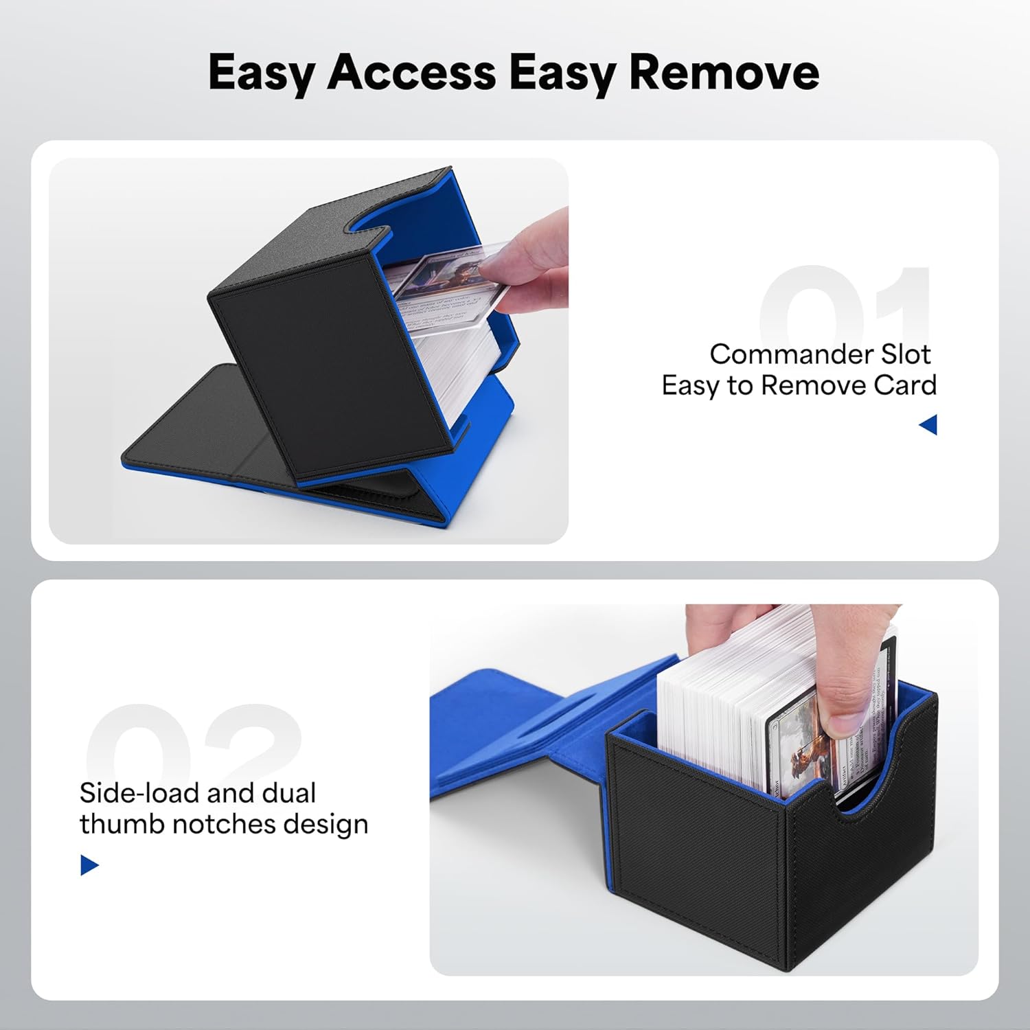 ZLCA MTG Commander Deck Box, Card Deck Box for Trading Card, Holds 100+ Double Sleeved Cards Fits for TCG CCG Magic Cards with 2 Dividers (Black & Blue)