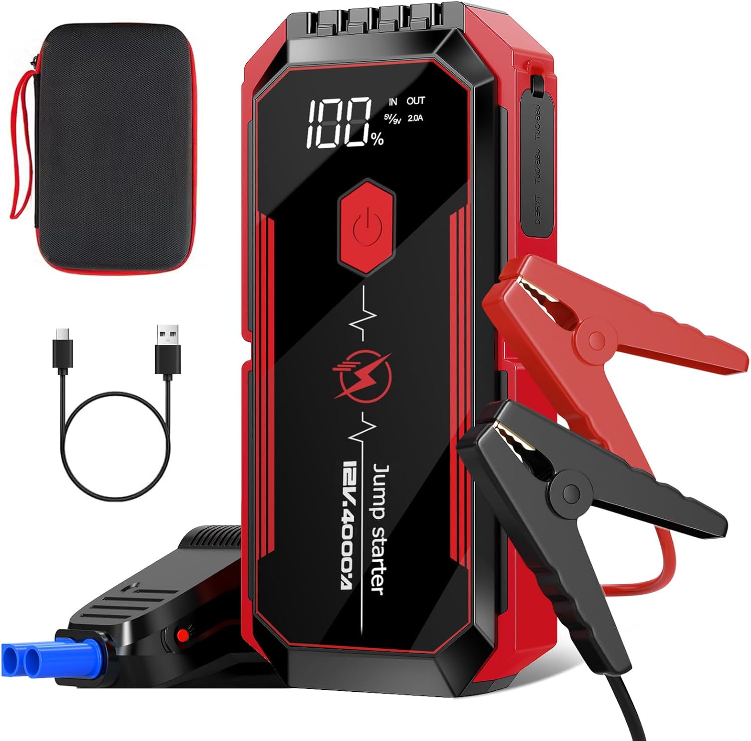 Car Battery Jump Starter 4000A: Battery Jumper Starter Portable Charger with Jumper Cables, 12V Auto Jump Starter Battery Pack - Car Starter Jump Box for All Gas & 10.0L Diesel Engines, Black & Red