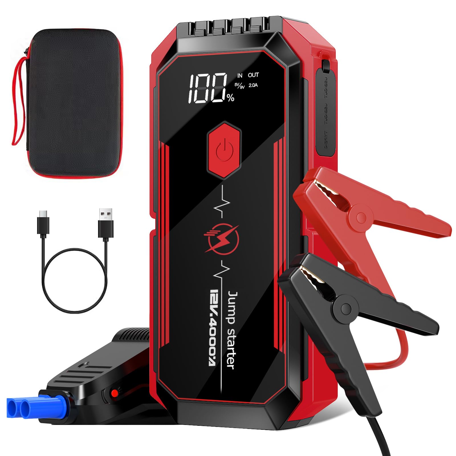 Car Battery Jump Starter 4000A: Battery Jumper Starter Portable Charger with Jumper Cables, 12V Auto Jump Starter Battery Pack - Car Starter Jump Box for All Gas & 10.0L Diesel Engines, Black & Red