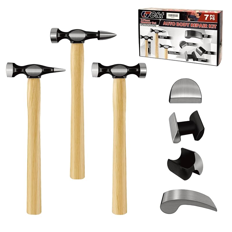 Kit de Reparo de Carroceria C&T com Martelos e Tases de Funilaria em Aço-Carbono, 7 Peças C&T7-4