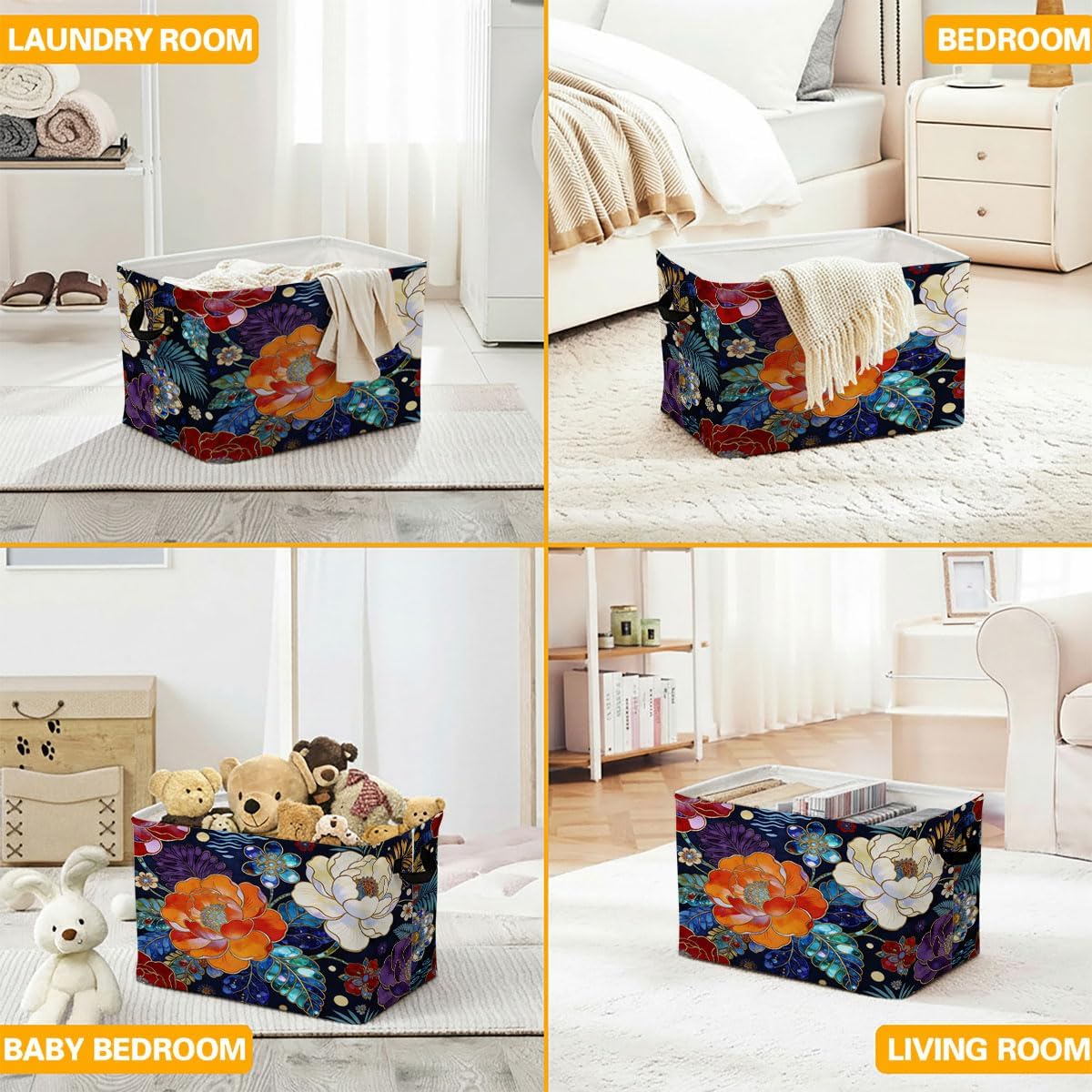 Modern Floral Foldable Laundry Basket Hamper with Handles, 56L Large Capacity Toy Storage Organizer, Collapsible Clothes Hamper for Home Decor and Bedroom Organization. image 5