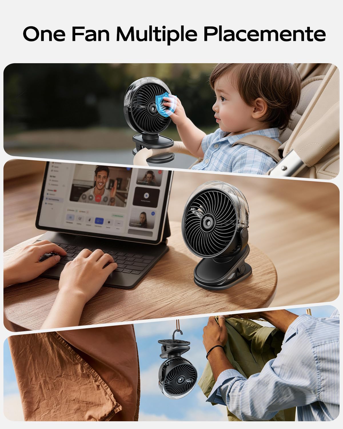 SWEETFULL Ventilateur brumisateur portable à clipser, rechargeable par USB-C, mini ventilateur de refroidissement personnel avec 4 vitesses, rotation à 360°, refroidissement silencieux pour extérieur
