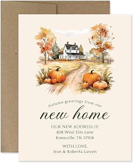 Personalized Fall Moving Announcement Cards with Names, Change of Address Notes, Autumn Watercolor Foliage with Pumpkins, Custom New Home Notecards with Envelopes (Design 4)