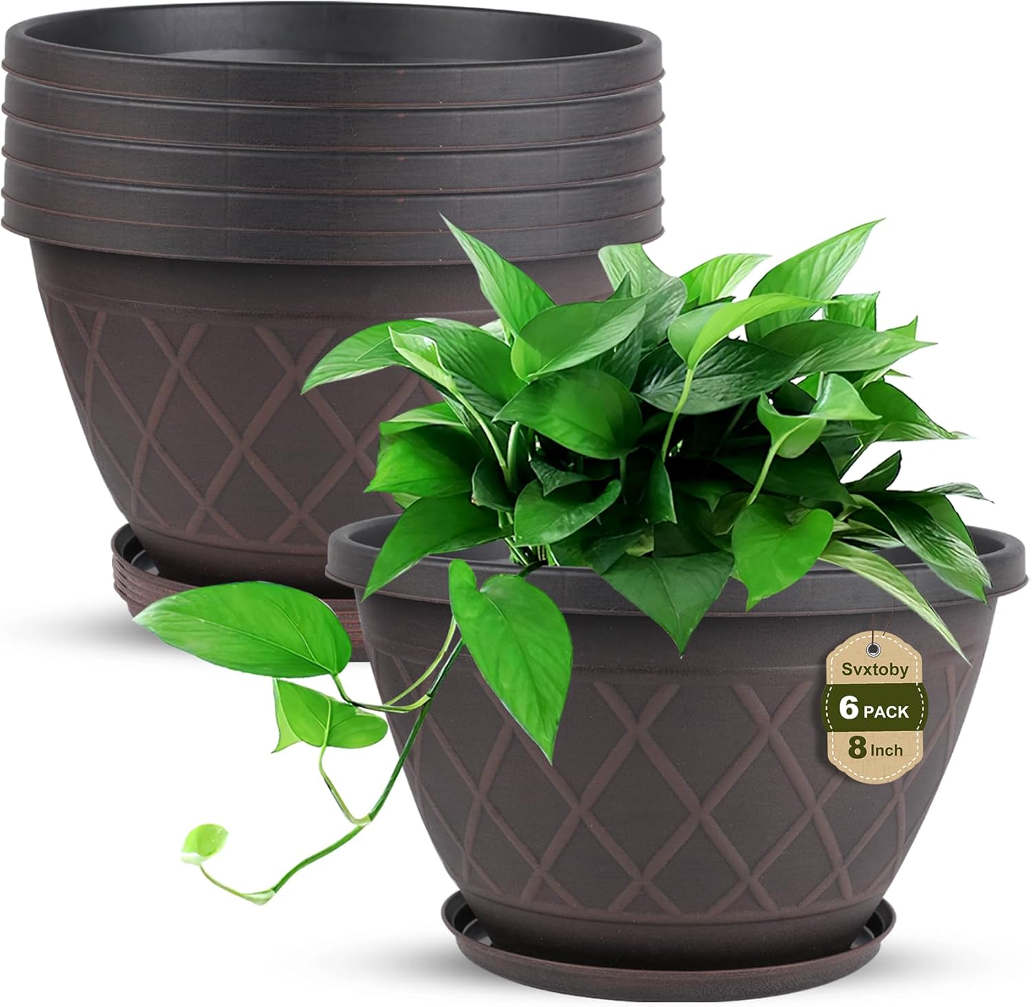 6 Pack 8 Inch Plant Pots, Planters with Drainage Holes & Saucers, Modern Imitation Diamond Pattern Design Plastic Flower Pots for Indoor & Outdoor Plants, Succulents, Flowers, and Herbs (Brown)