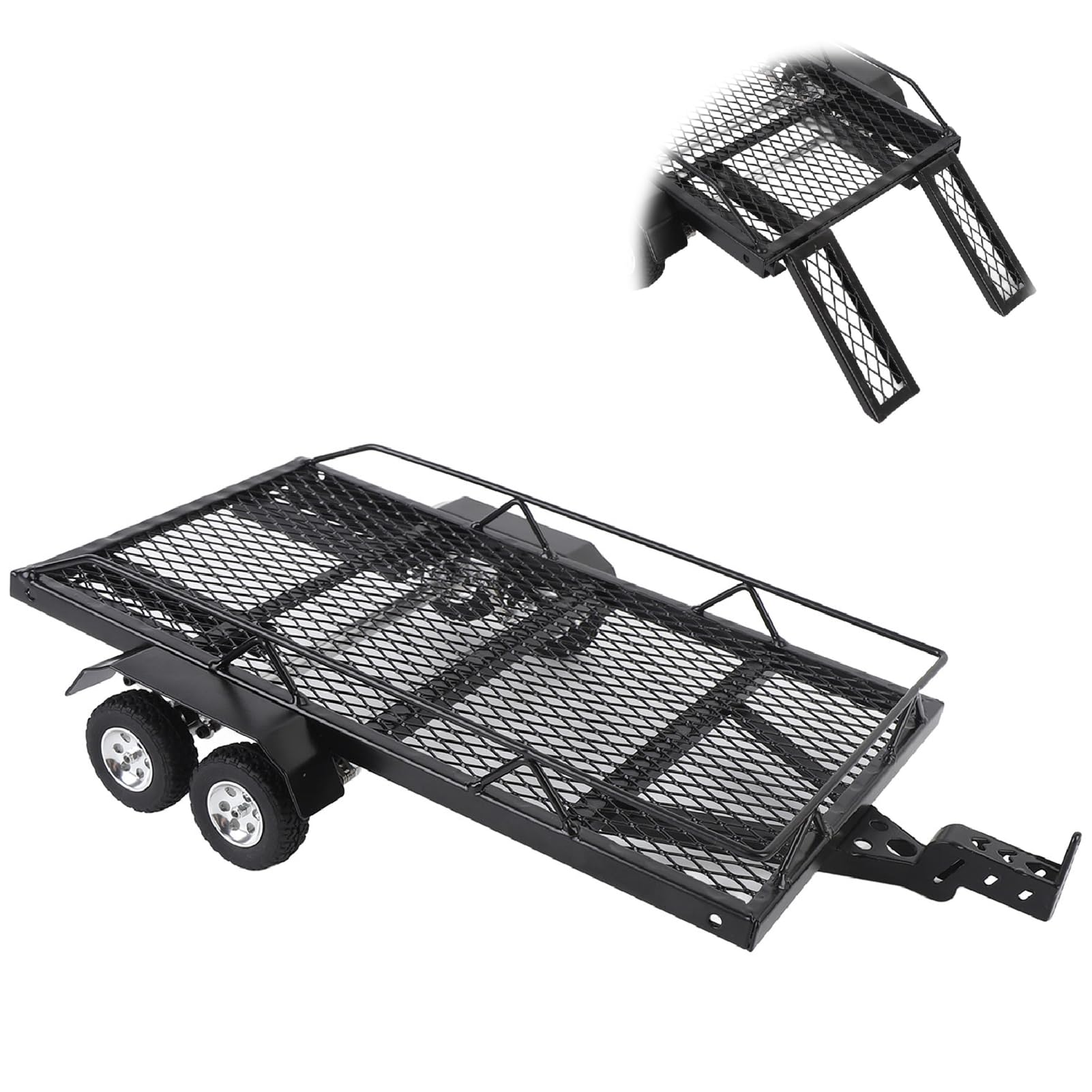 1/18 RC Trailer for Hauling Behind Car, Metal Trailer with Hitch Mount and Ramp, Double Axle Truck and RC Cars Trailer for 1/18 RC Crawer Car RC Upgrade Parts
