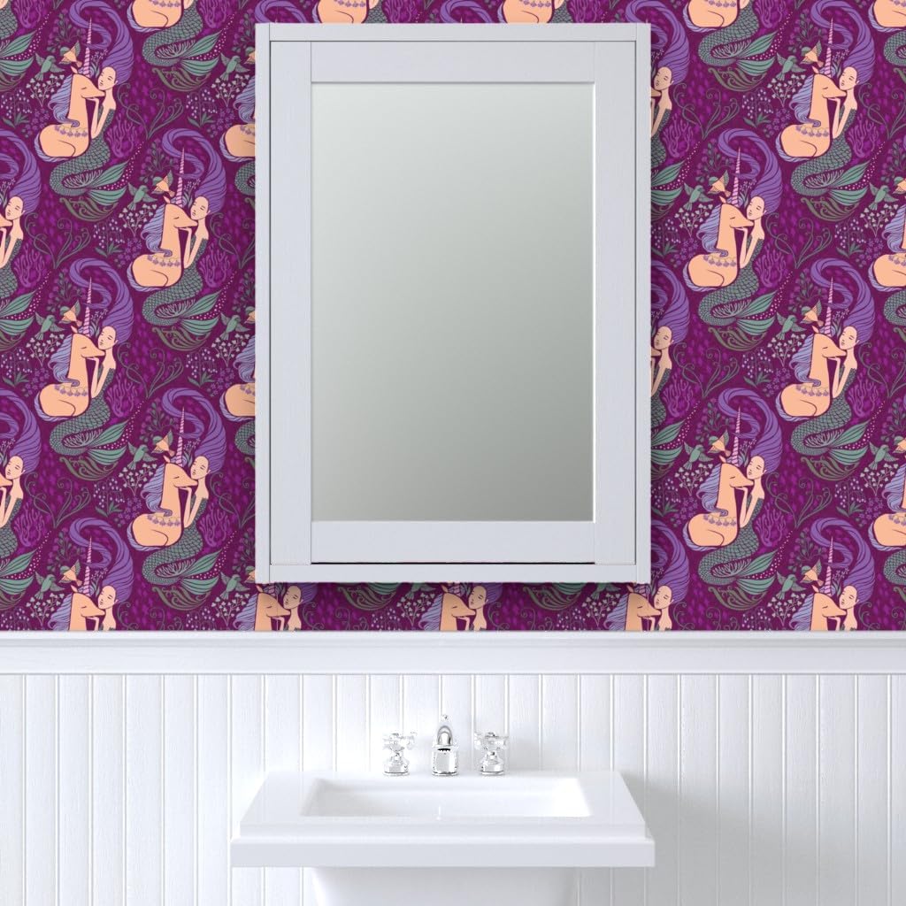 Spoonflower Commercial Grade Wallpaper 27ft x 2ft - Mermaid Unicorn Mythical Purple Storytelling Magical Baby Girl Fantasy Traditional Wallpaper