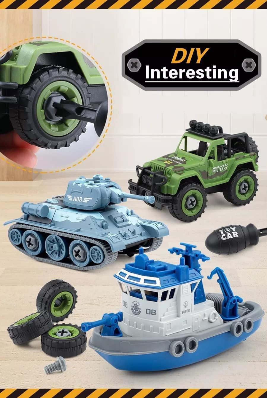TEC TAVAKKAL Military Army Foldable Vehicles Car Toy 4 Pack with Screwdriver Toy, DIY Kids STEM Toys Including Helicopter, Jeep, Tank and Boat for Toddlers Birthday Gifts for Boys 2 3 4 5 6 Year - Image 8 thumbnail