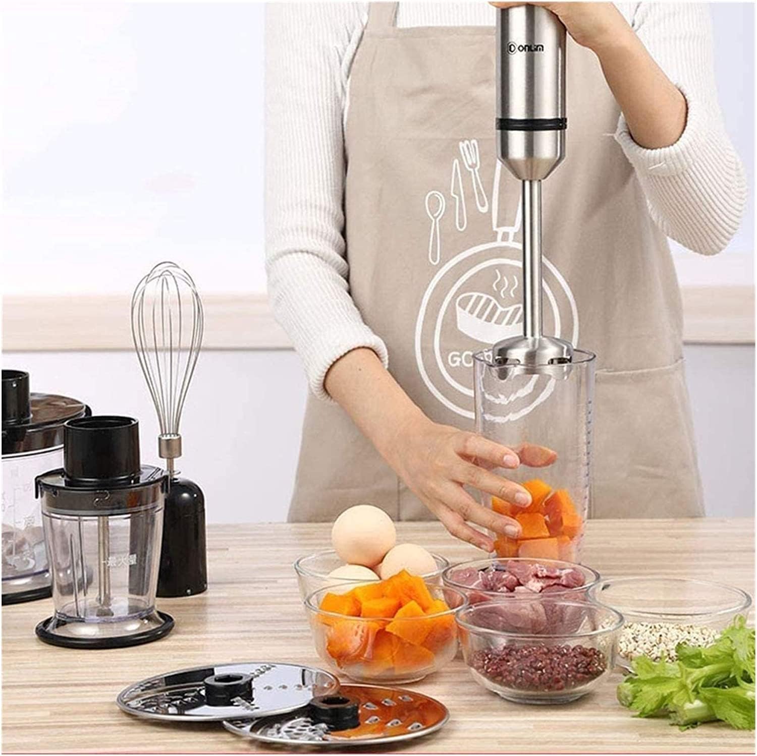Immersion Hand Blender, 6-in-1 Stick Blender Set with an Electric Stainless Steel Mixer, an Egg Whisk, Food Chopper and Beaker Container, Great for Making Vegetable Meat, Smoothies, Sauces and