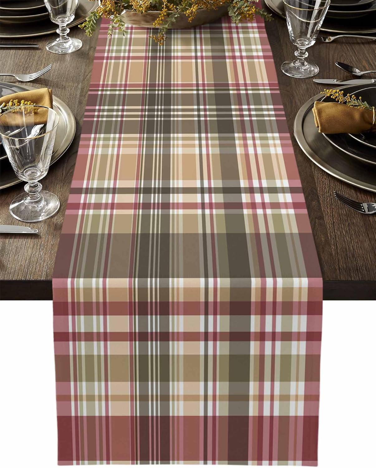 Retro Tartan Abstract Geometric Table Runners 18x72 Inches Long Linen Burlap Table Runner, Farm Buffalo Plaid Table Cover Dresser Scarf for Kitchen Dining Holiday Party Wedding Gathering