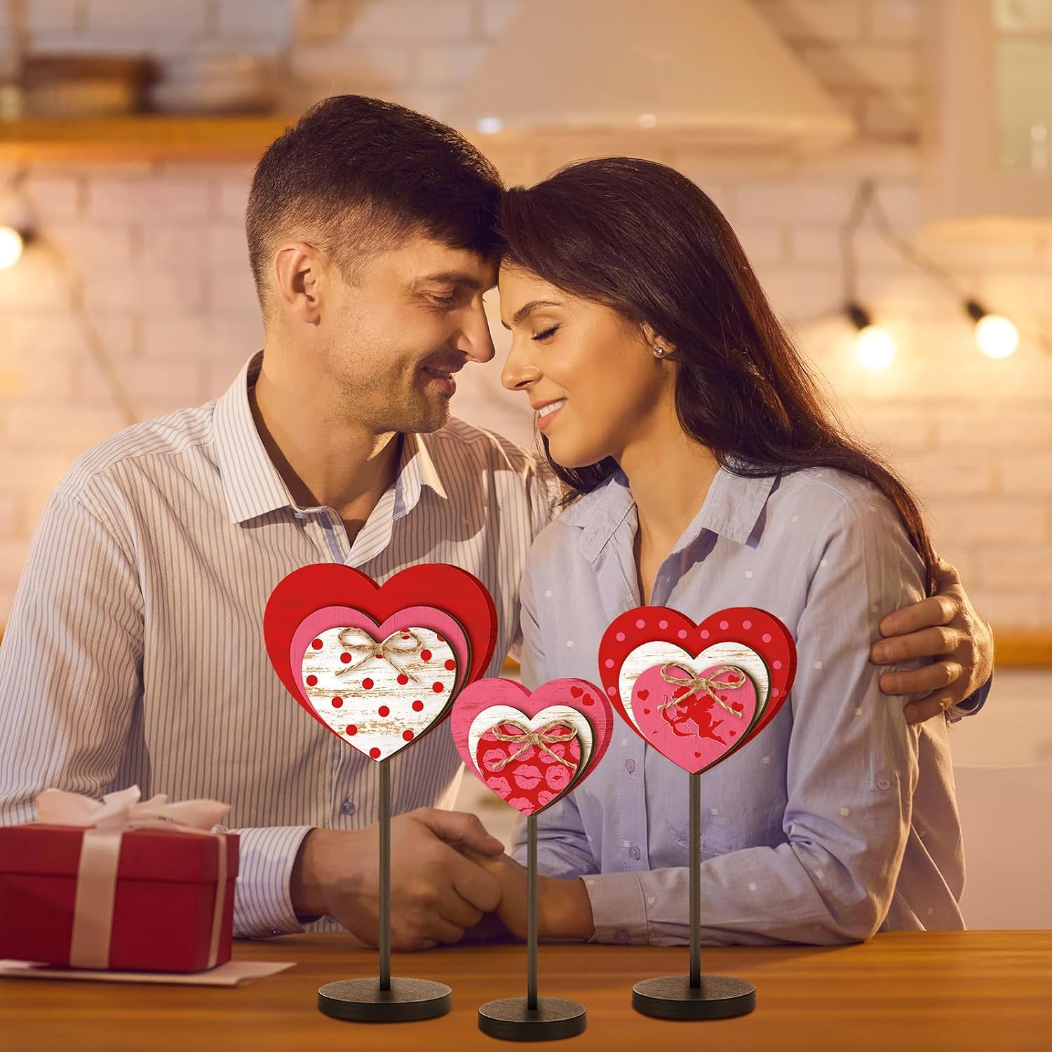 3 Pcs Large Valentine's Day Wooden Sign Valentine Heart Standing Block Set Love Heart Table Centerpiece Valentine Romantic Tiered Tray Decor for Home Farmhouse Office Desk Mantle Shelf Decor(Classic) image 5