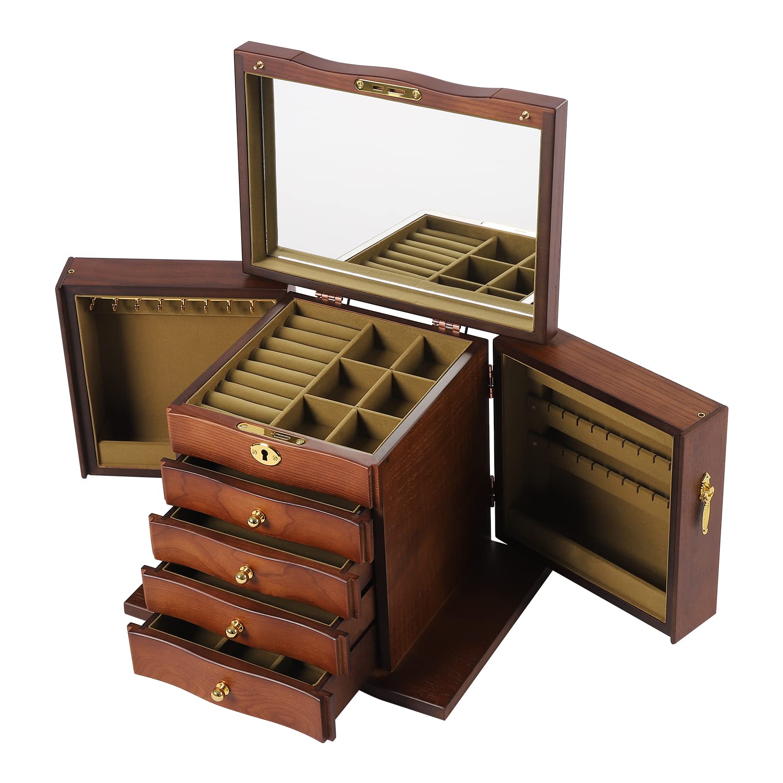 WooDerson Joyero de madera marrón de 5 pisos con llave y cerradura, puertas dobles, con cajones, caja de joyería para pendientes, cadenas y anillos
