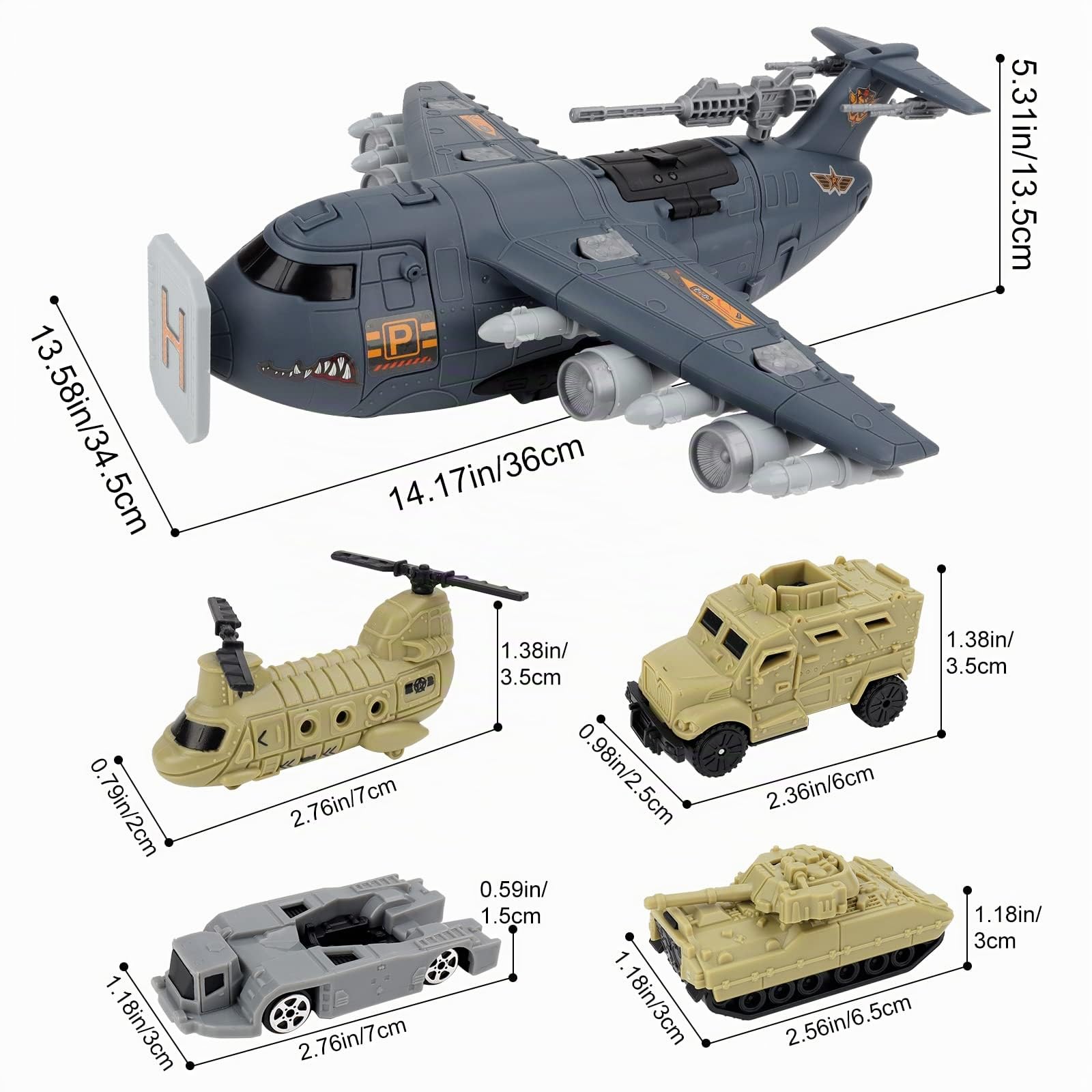 deAO Kit Giocattolo per Veicoli Militari, Set Giocattolo Aereo da Trasporto Cargo Militare con 10 Soldati, 10 Veicoli, Mini Veicolo da Combattimento, Aereo Militare, Regalo per Bambini di 3 Anni