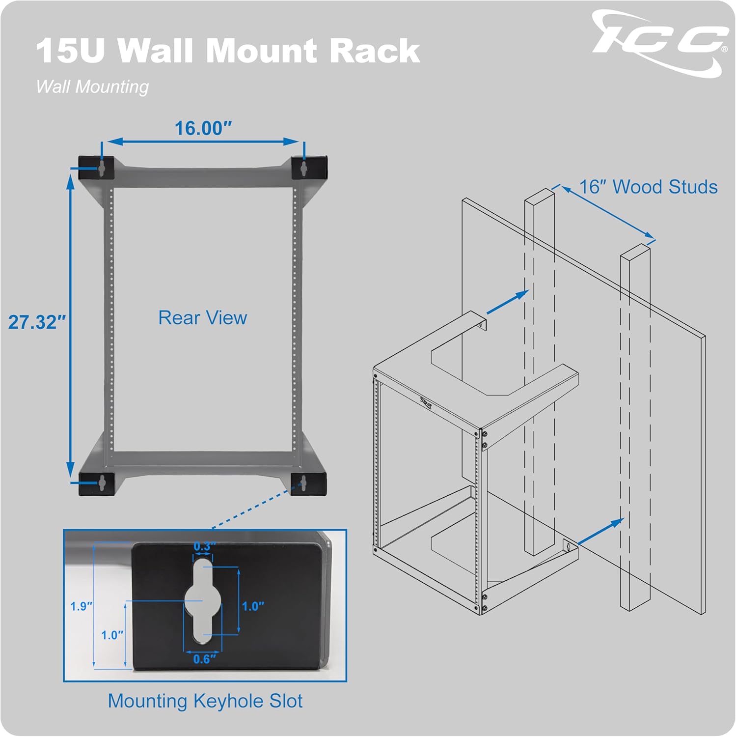 ICC 15U Wall Mount 19″ Open Frame Server Rack – 18″ Deep Cold-Rolled Steel, 125 lb Load Capacity – Network Rack for Patch Panels, Switches, AV, IT & Telecom Equipment Installations