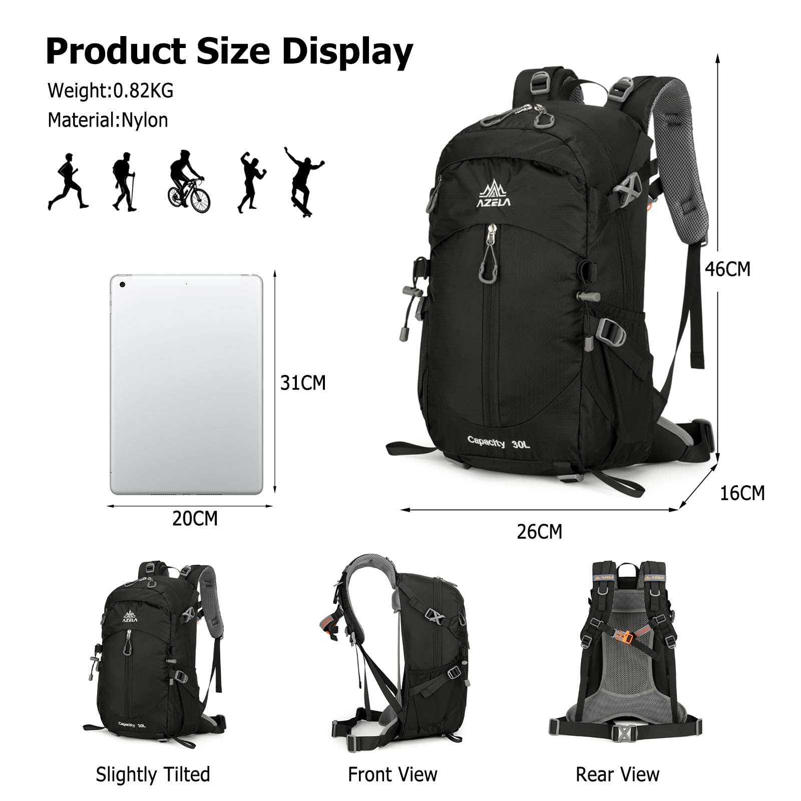 Zaino da trekking zaino da trekking zaino da 30 litri impermeabile in nylon resistente per donne uomini campeggio camminata arrampicata viaggi sport all'aria aperta