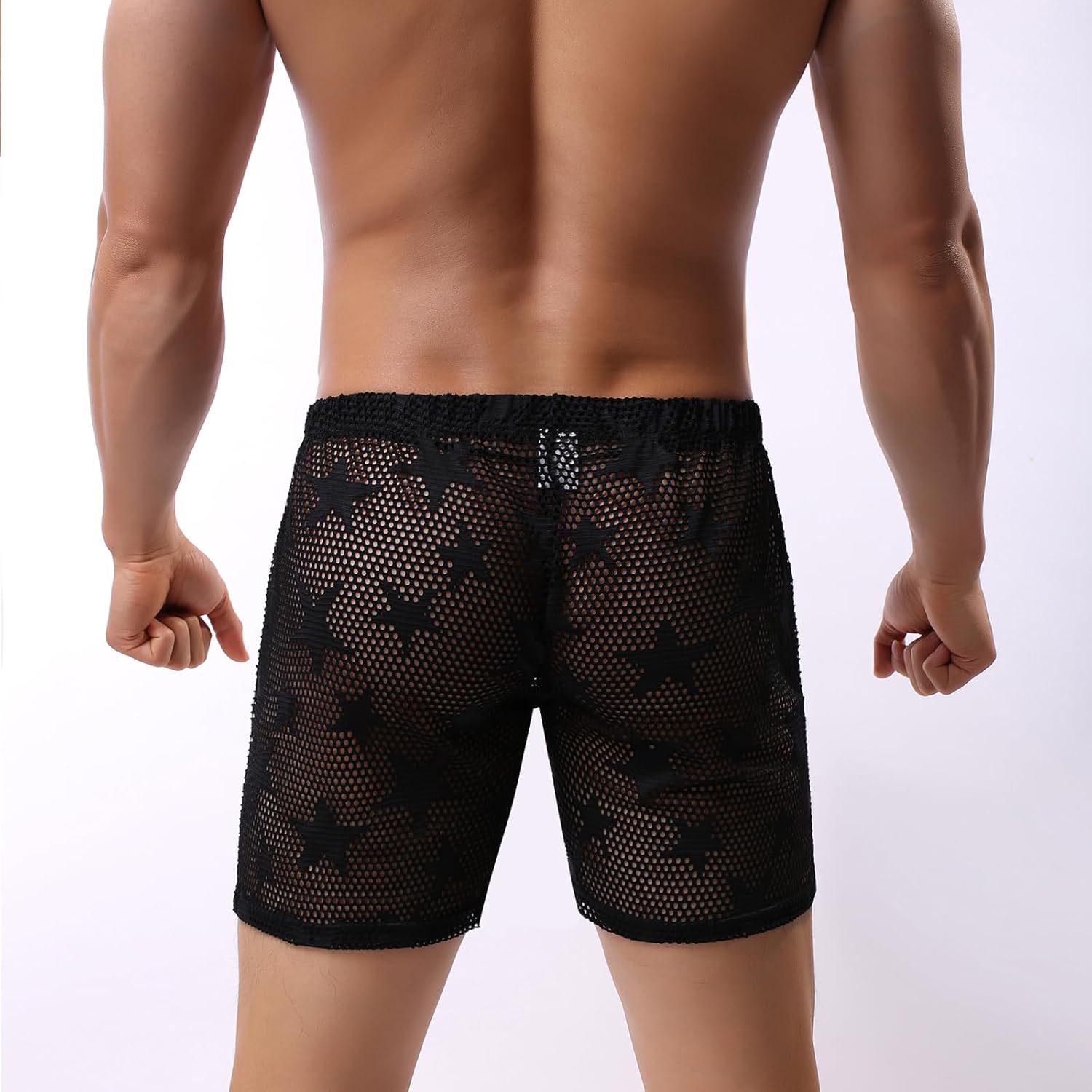 Evankin Mens Sexy Star Mesh Shorts See Through Fishnet Loose Shorts Sheer Lounge Underwear Boxer Trunks - Image 6