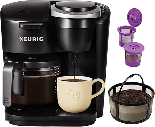 BADTAGS K-Duo Essentials - Cafetera de una sola porción y jarra con filtro de café molido de malla reutilizable y 2 cápsulas K recargables