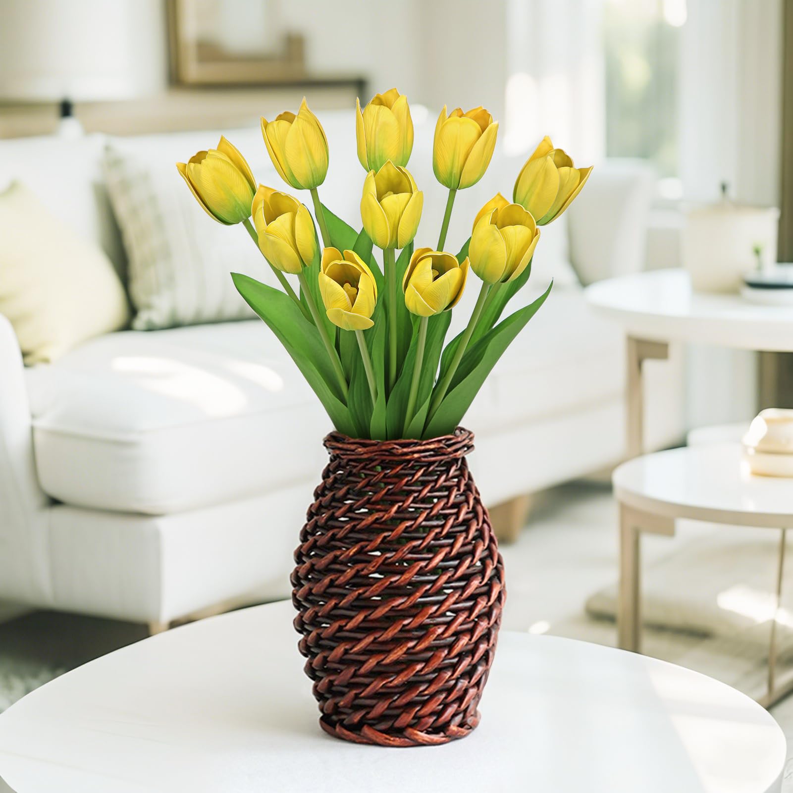 Arborus Pack of 10 Artificial Tulips 50 cm Artificial Flowers Tulips Like Real Yellow Decorative Tulips for Vase Artificial Spring Flowers Flower Arrangement for Table Shelf Decoration Indoor Living Room Bedroom Dining Room Product Image 5