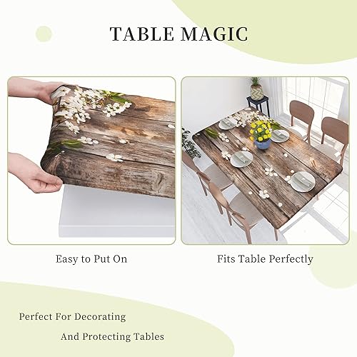 Miniatura 6 de Mantel ajustable de madera rústica con flores de primavera para mesas rectangulares de 5 pies, funda de mesa de poliéster con bordes elásticos, para