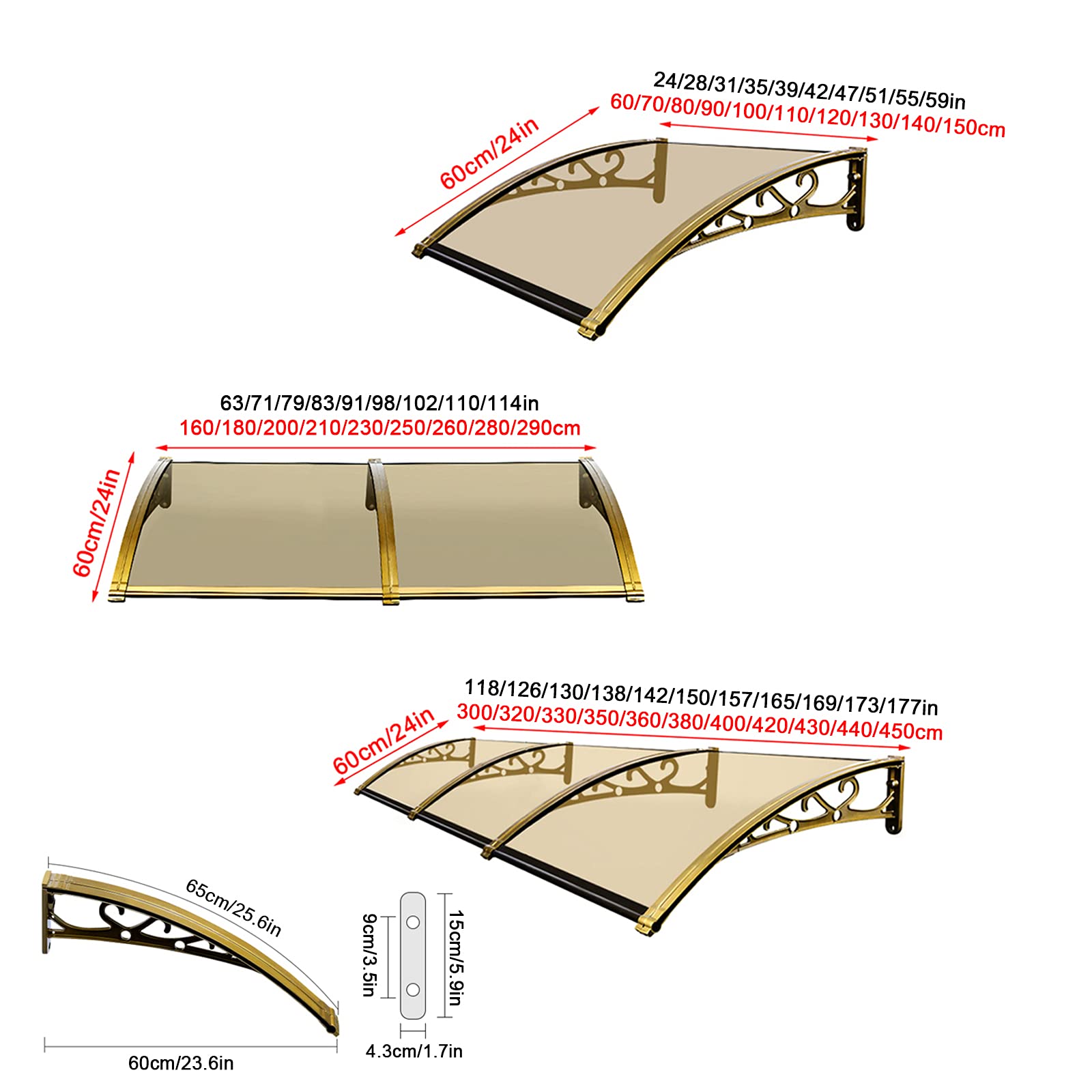 Pensilina Tettoia per Porta Balcone Esterno,Copertura in Policarbonato,Tenda Porta o Finestra Rain Snow Shelter,60/130/200/290/380/450cm,Marrone/Staffa Champagne (60x120cm/24"x47")