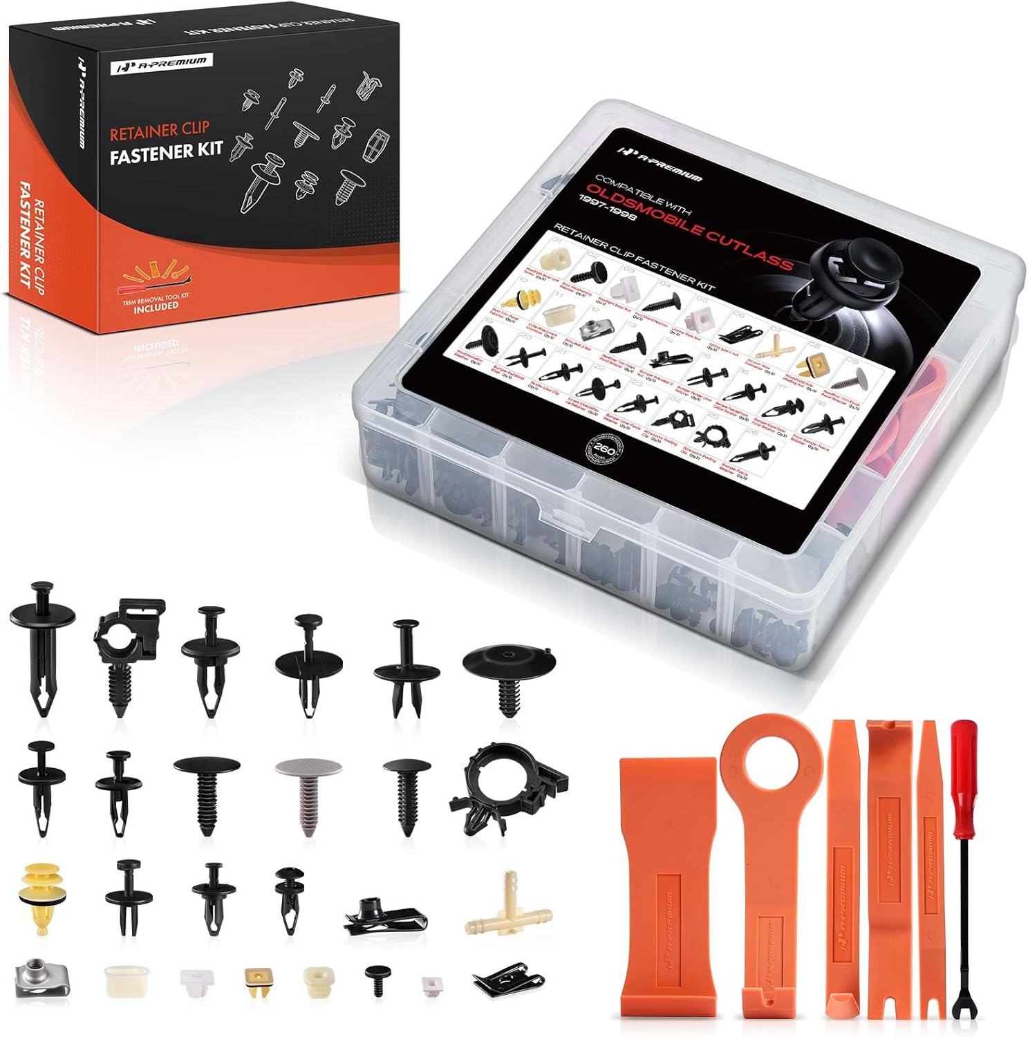 A-Premium 260 PCS 26 Sizes Car Retainer Clips Kit Compatible with Oldsmobile Cutlass 1997-1998 Bumper Fender Door Weatherstrip Auto Push Pin Plastic Rivet Fastener Replacement Set, w/Removal Tool