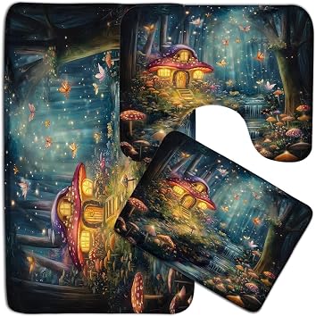 Fantasy Forest Bath Mat 2Pcs Set Fairy Tales Magical Enchanted Misty Jungle Mushroom House Wonderland Fireflies Butterfly Rainforest Magic Nature Scenery Decorative Bathroom Rug
