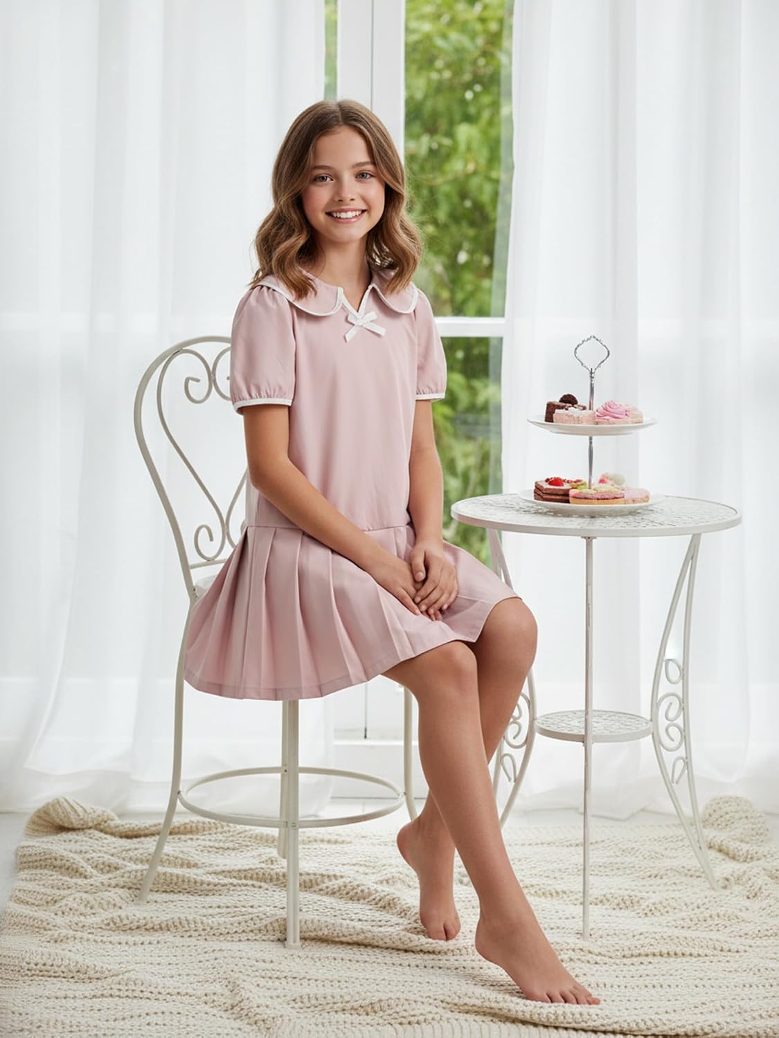 Short Sleeve School Uniform Dress for Girls' Sailor Collar Pleated Dress