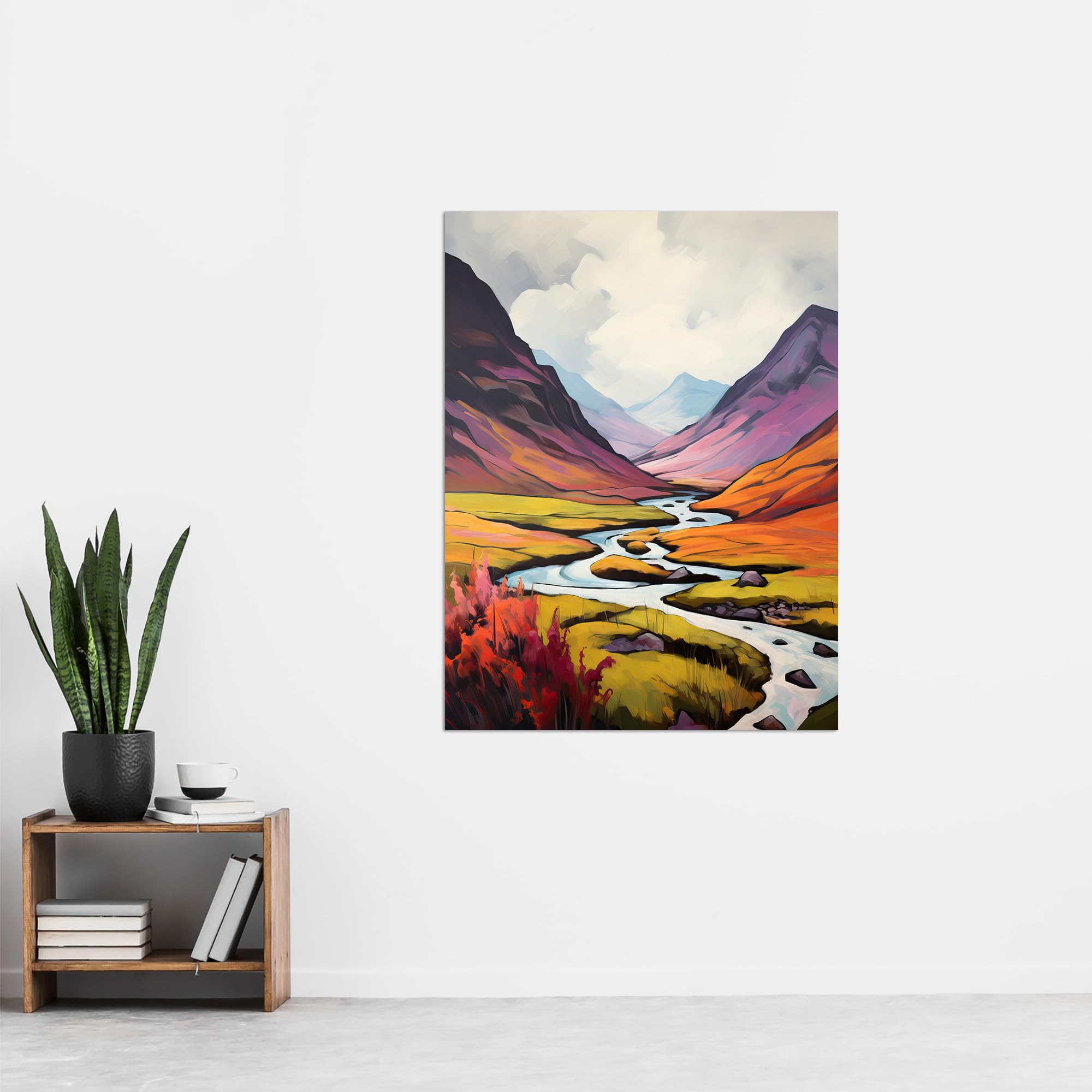 Artery8 Scotland Glencoe Valley Oil Painting Majestic Mountains And River With Heather Shrubs Extra Large XL Wall Art Poster Print - Image 4