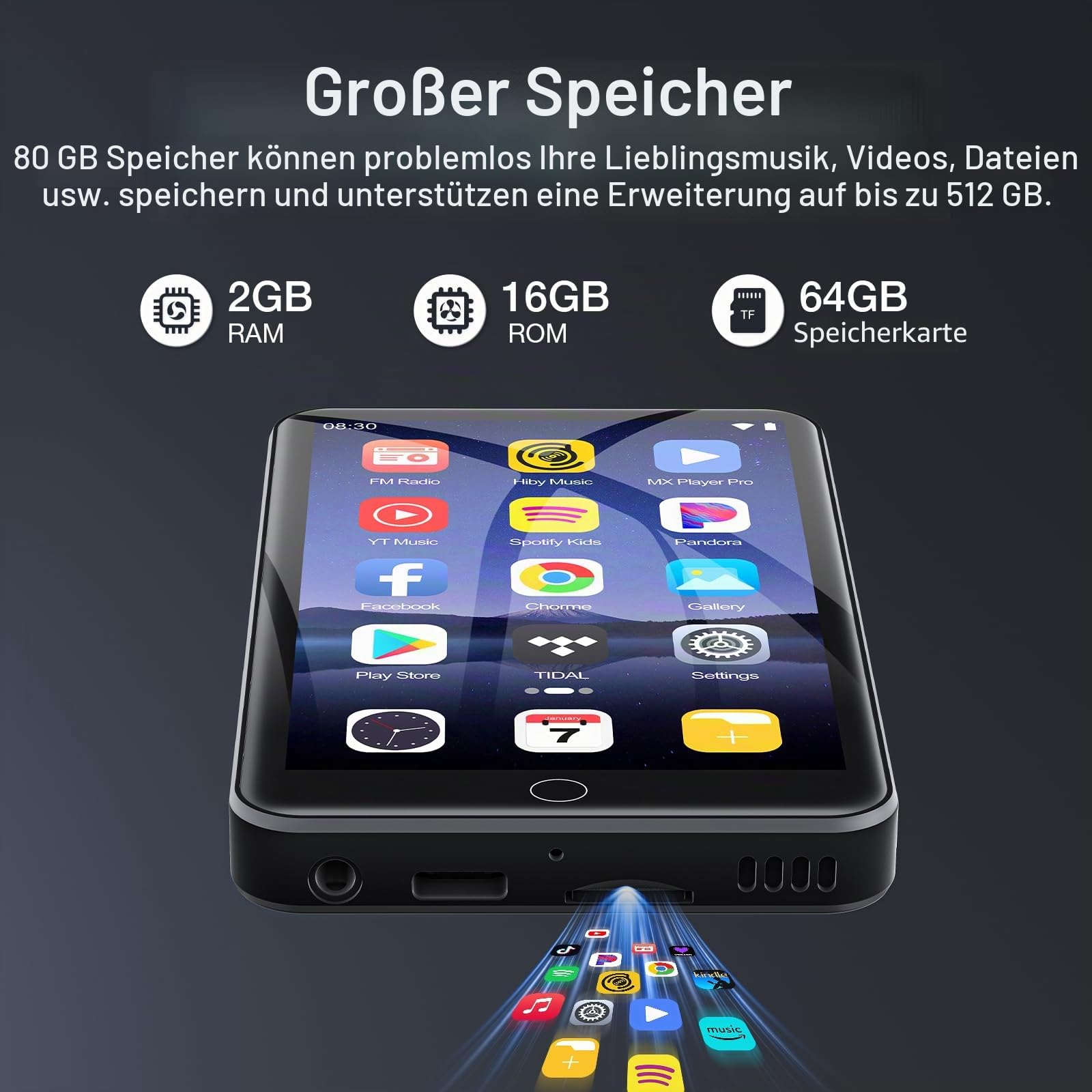 Diofox MP3 Player Spotify, 80GB MP3 Player mit Bluetooth WiFi, 4.0 Inch Full Touchscreen, Android Streaming Music Player, Amazon Music, Deezer, FM Radio, Play Store, Erweiterbar auf bis zu 1 TB