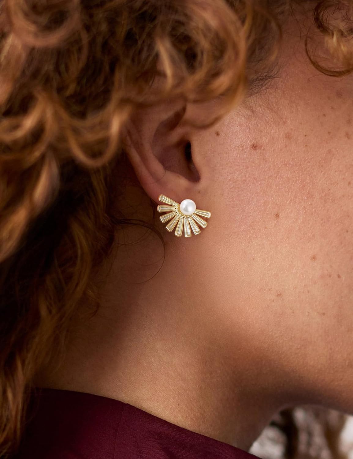 Mameloly Flower Earrings for Women Dainty 14K Gold Plated White Freshwater Pearl Stud Earrings Hypoallergenic - Image 3