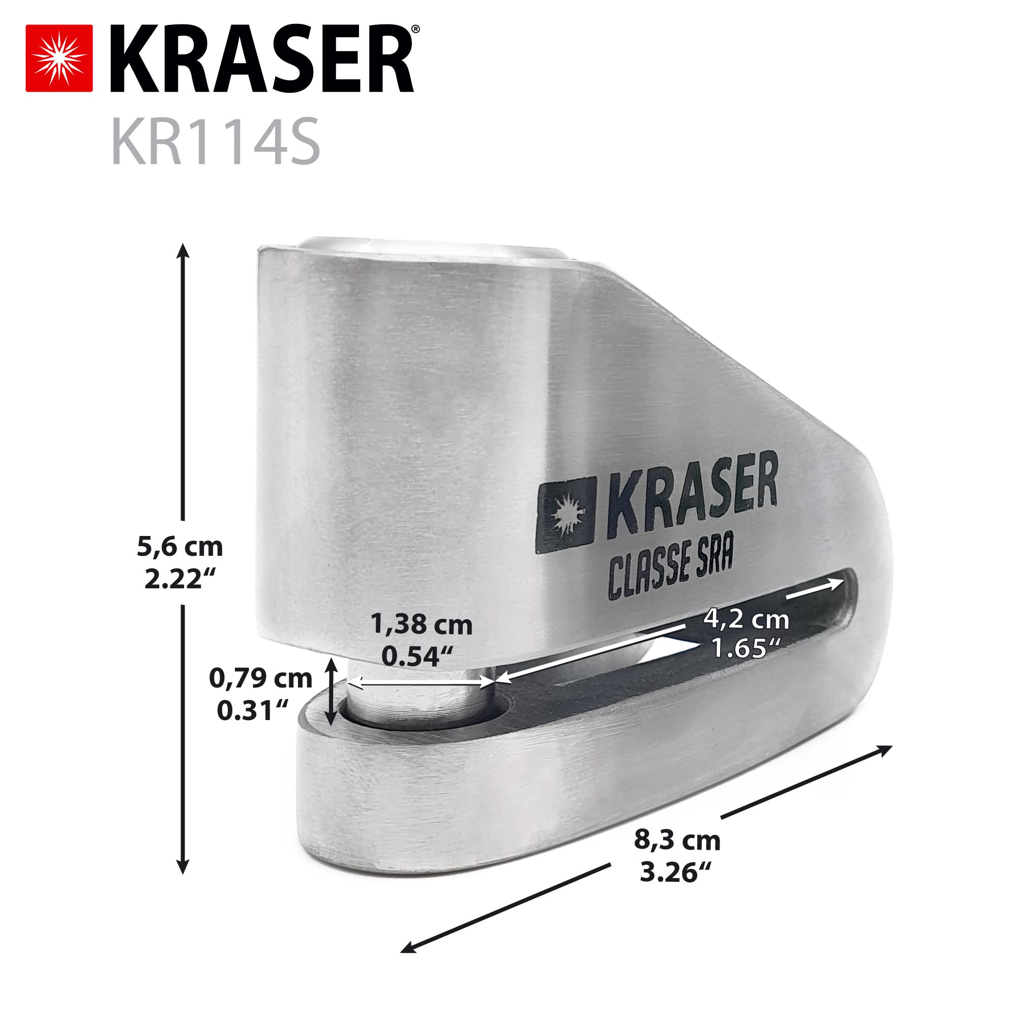 KRASER KR114S Bloccadisco Moto Omologato SRA, Doppia Chiusura ø14mm Blocco Freno Serratura Alta Sicurezza, Morsetto Blocca Ruota Scooter, Bicicletta Elettrica, Cavo Promemoria, Antifurto Motocicletta