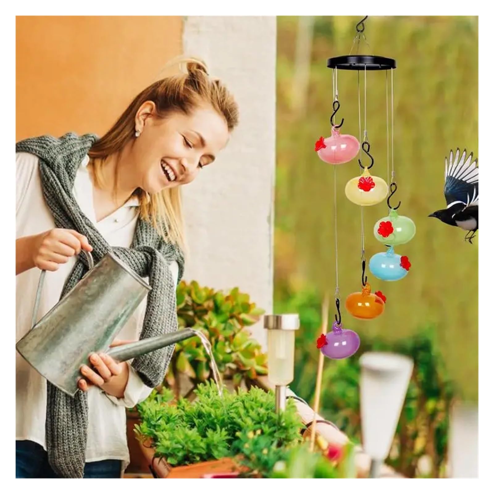 Kuranty Wietrzne Karmnik Dla Kolibrów Ptaków Ręcznie Dmuchane Szkło Dzwonek Wietrzny Do Ogrodu Yard Home Decor łAtwy W Utrzymaniu(Glass colorful)