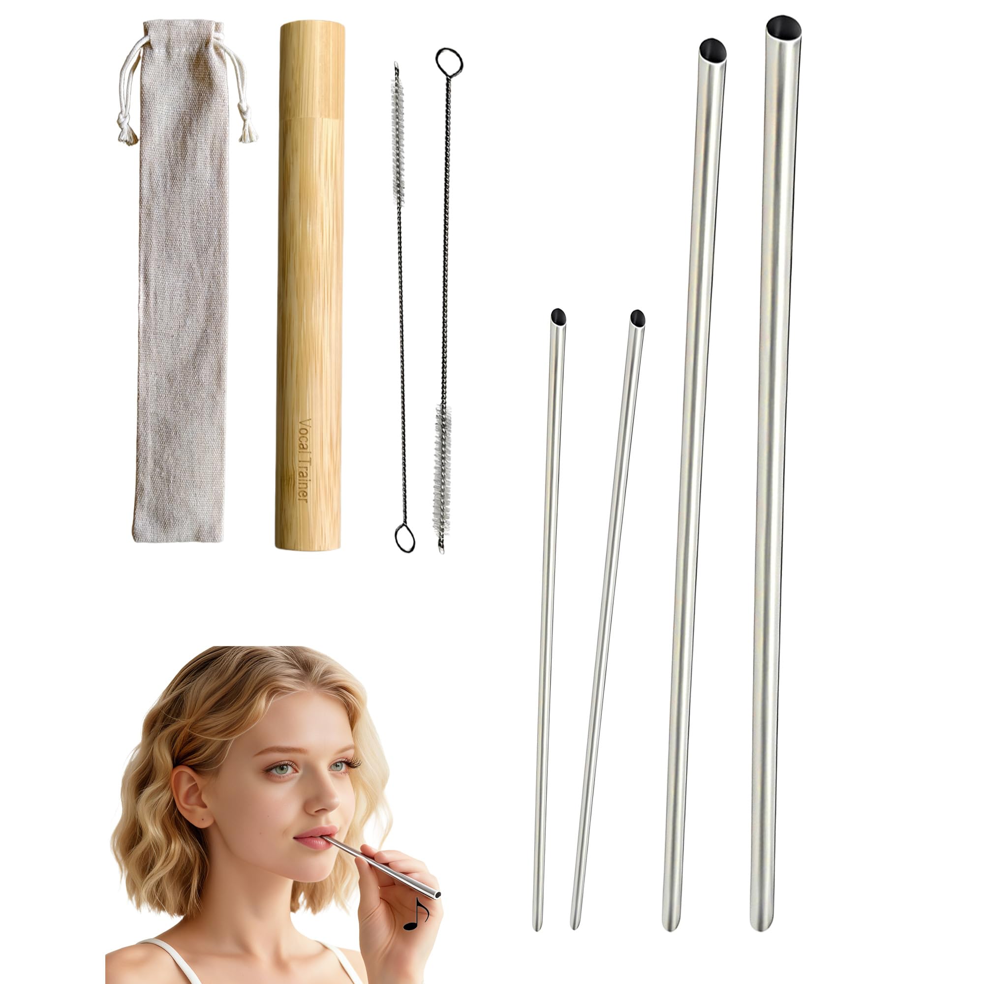 Singing Straw Vocal Trainer Kit - 4 Metall Strohhalme SOVT Tool mit Reinigungsbürste & Bambus Travel Tube Gesangstrainer für Gesang Stimmtraining Therapie Hilfe Tragbar für Sänger Lautsprecher Trainer