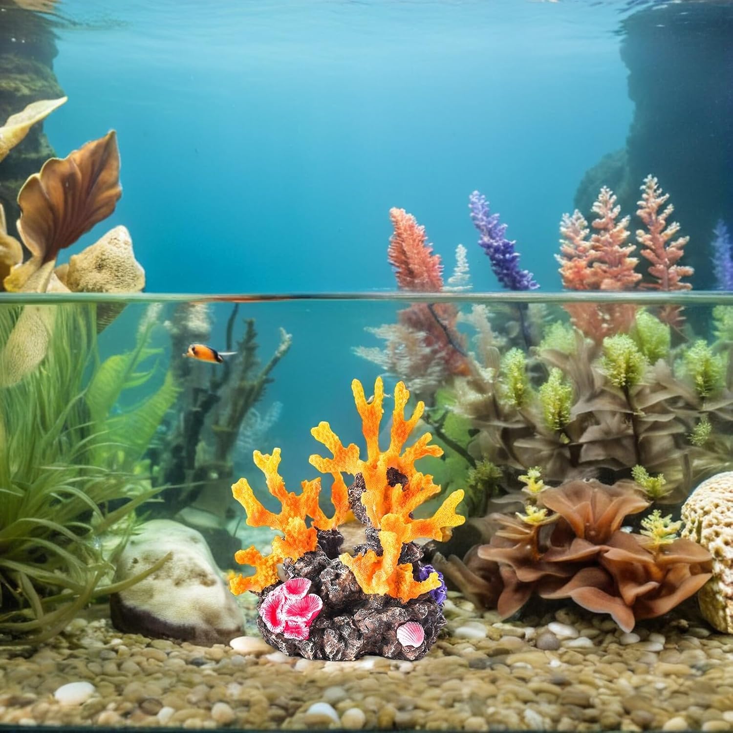 2pcs Large Simulated Resin Coral Ornaments with Orange and Pink Base, Artificial Coral Reef Decorations for Aquarium Fish Tank Landscaping, Ocean Theme Aquarium Décor