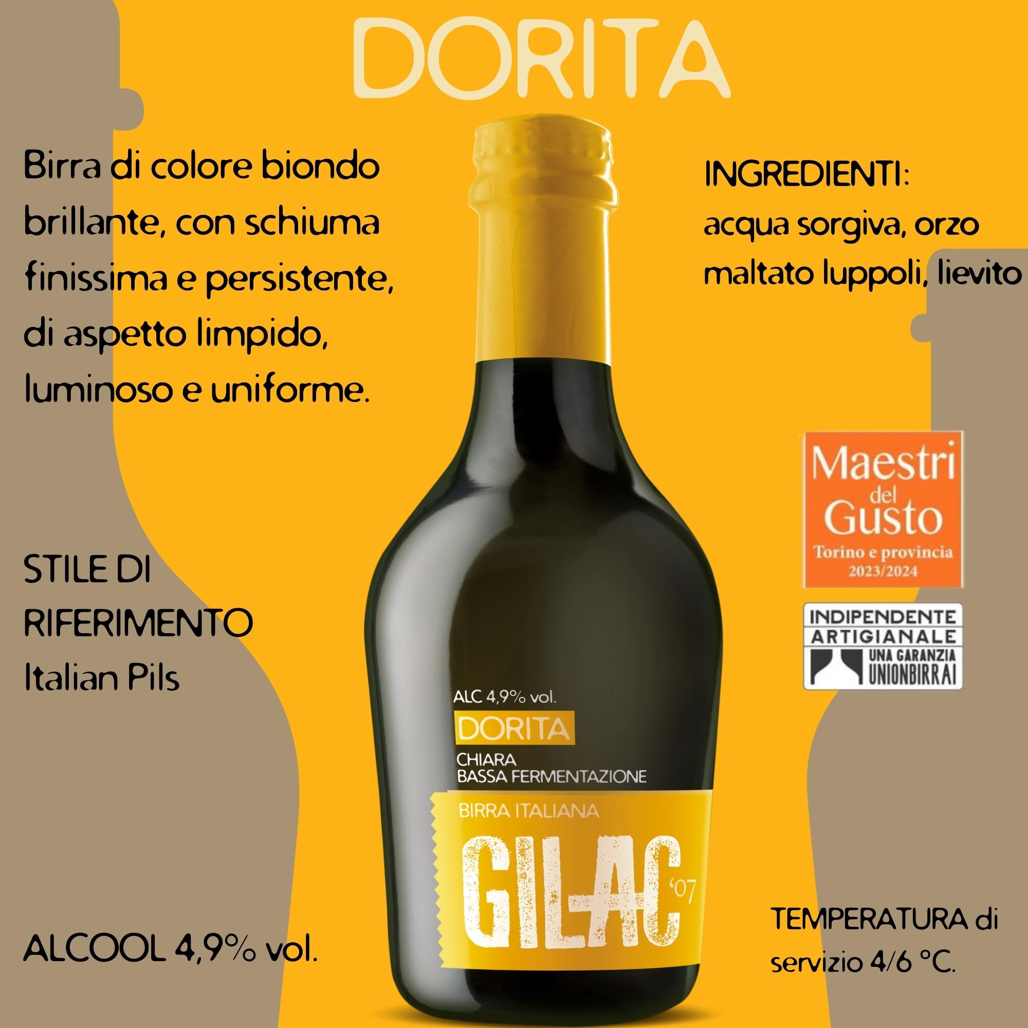 GILAC DORITA PILSNER - Birra artigianale Chiara 15 Bottiglie da 33cl - Birra artigianale Italiana Non Filtrata e Non Pastorizzata, Birre artigianali confezioni regalo - Gradazione Alcolica 4.9% Vol
