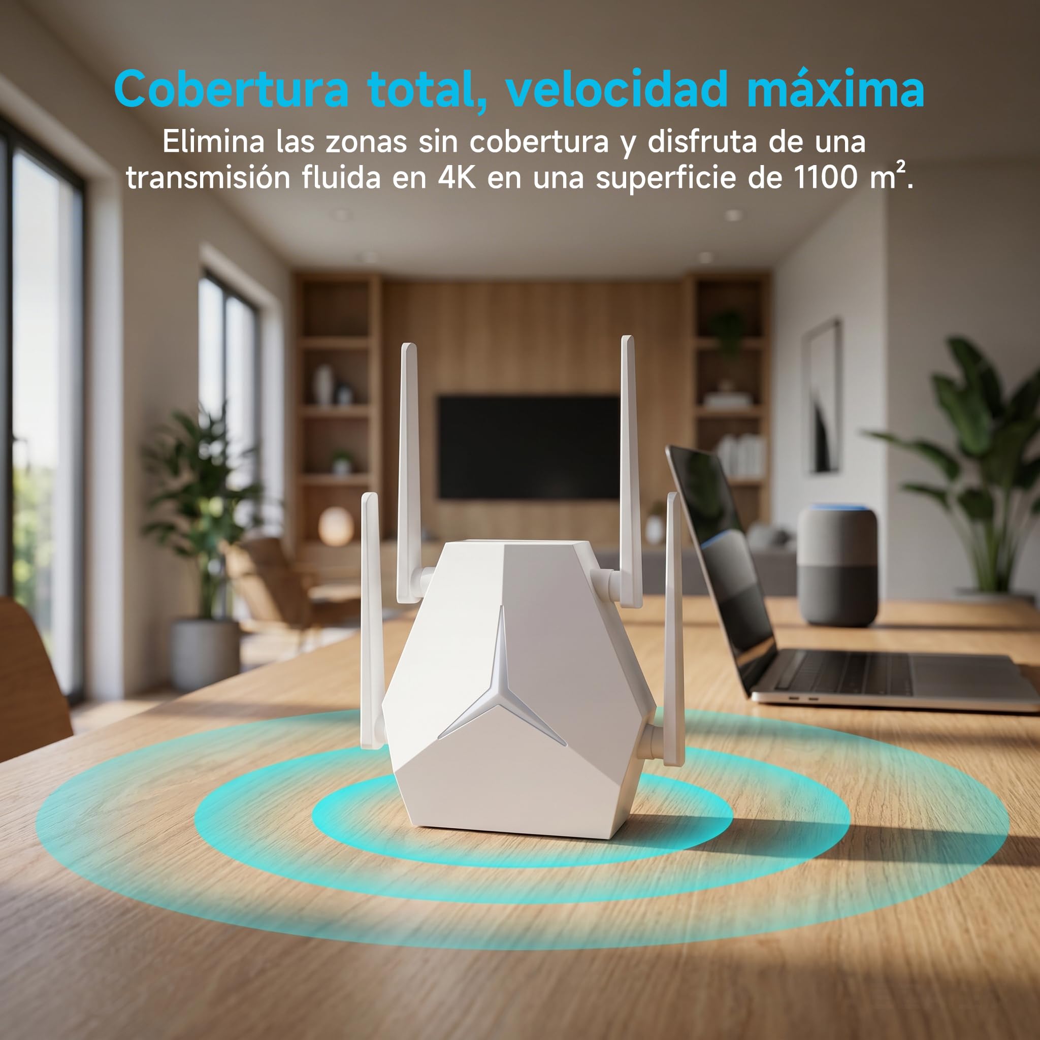Repetidor WiFi Largo Alcance 1167Mbps, Extensor Señal Doble Banda 2.4G+5G para Casas Grandes Oficinas, Elimina Zonas Muertas