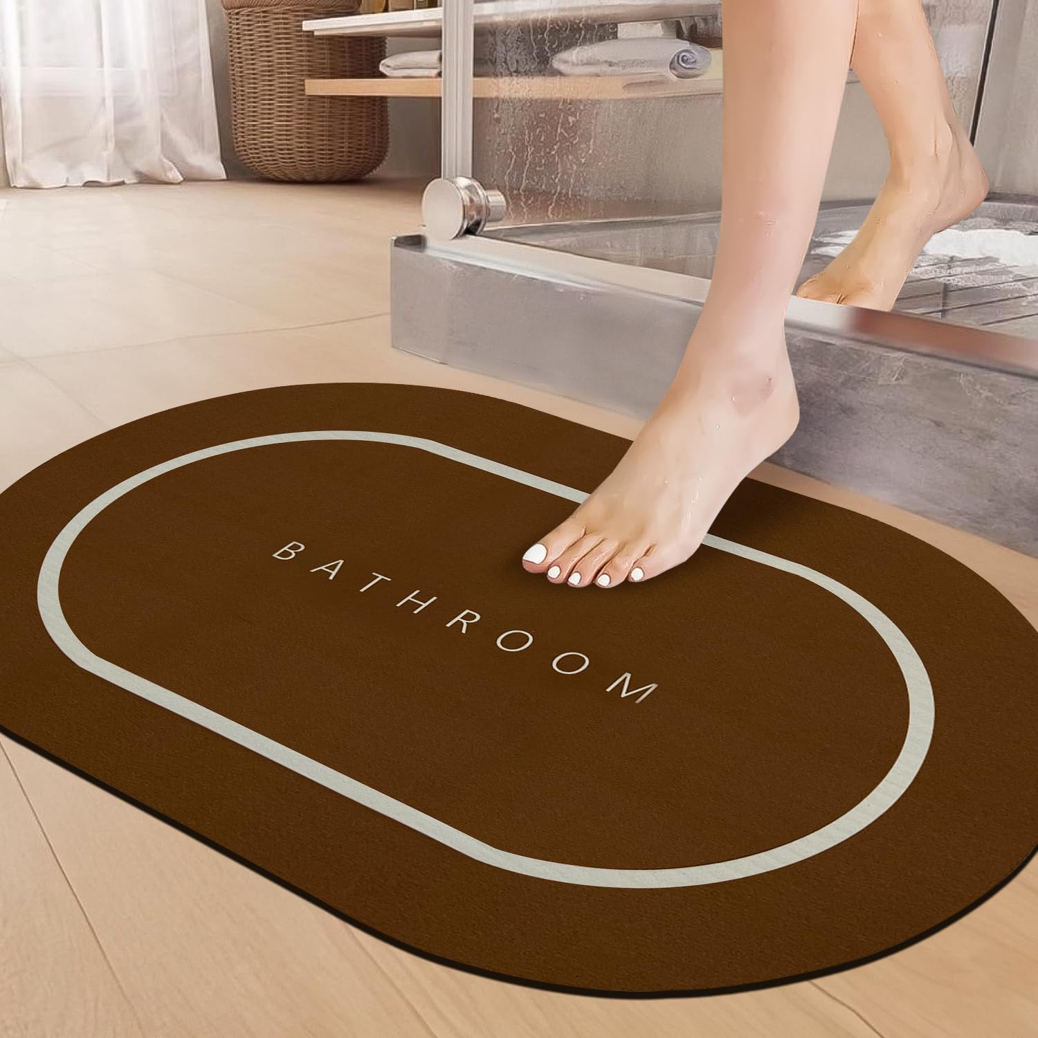 SITTELLA® 1 Piece (3.5mm) Anti-Skid Water Soaking Oval Bathroom Print Rubber Mat, Water Absorbent Mat (40X60Cm) Brown