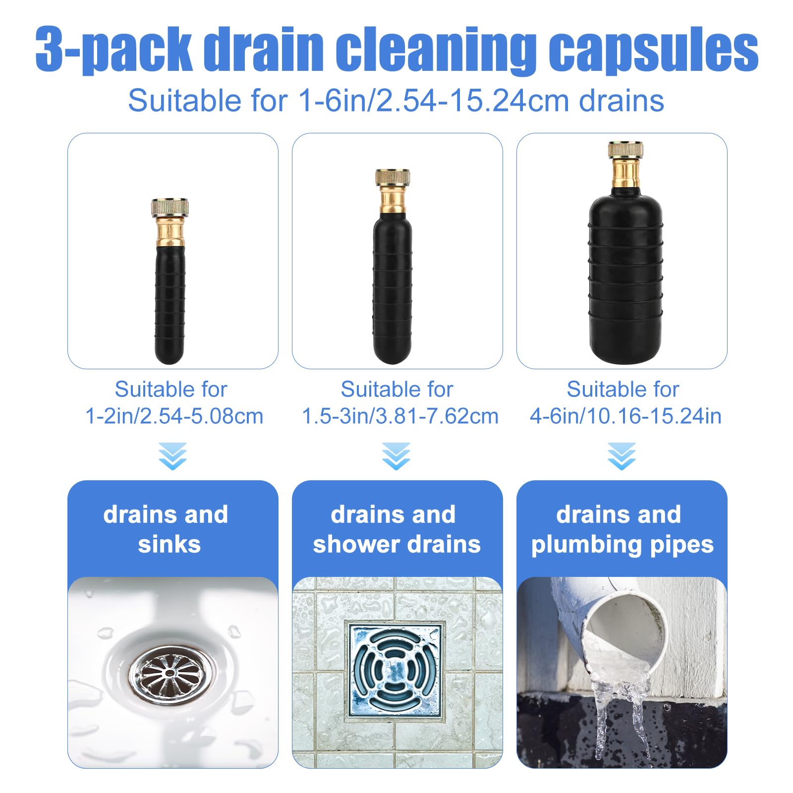 3pcs Vessies de Drainage en Caoutchouc Deboucheur Canalisation Professionnel Drain Cleaning Bladders WC Vessies de Vidange Déboucher Les Canalisations Principales et Les Égouts