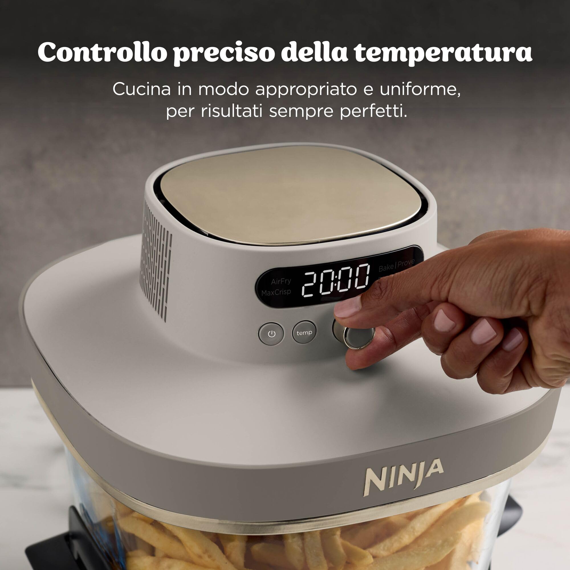 Ninja CRISPi PRO XL Friggitrice ad aria in vetro, 5 programmi di cottura preimpostati, include contenitori in vetro CleanCrisp da 5,7 L e 2,3 L e coperchi, oro chiaro AS090EUSD