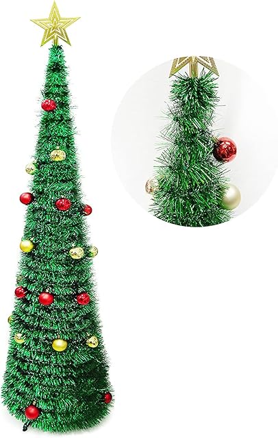 Artificial Christmas Tree with Ball Ornaments and Top Star,5ft /1.5M Collapsible Pop Up Christmas Tree Tinsel Sequin Tree for Xmas Decoration Indoor Outdoor Party Supplies