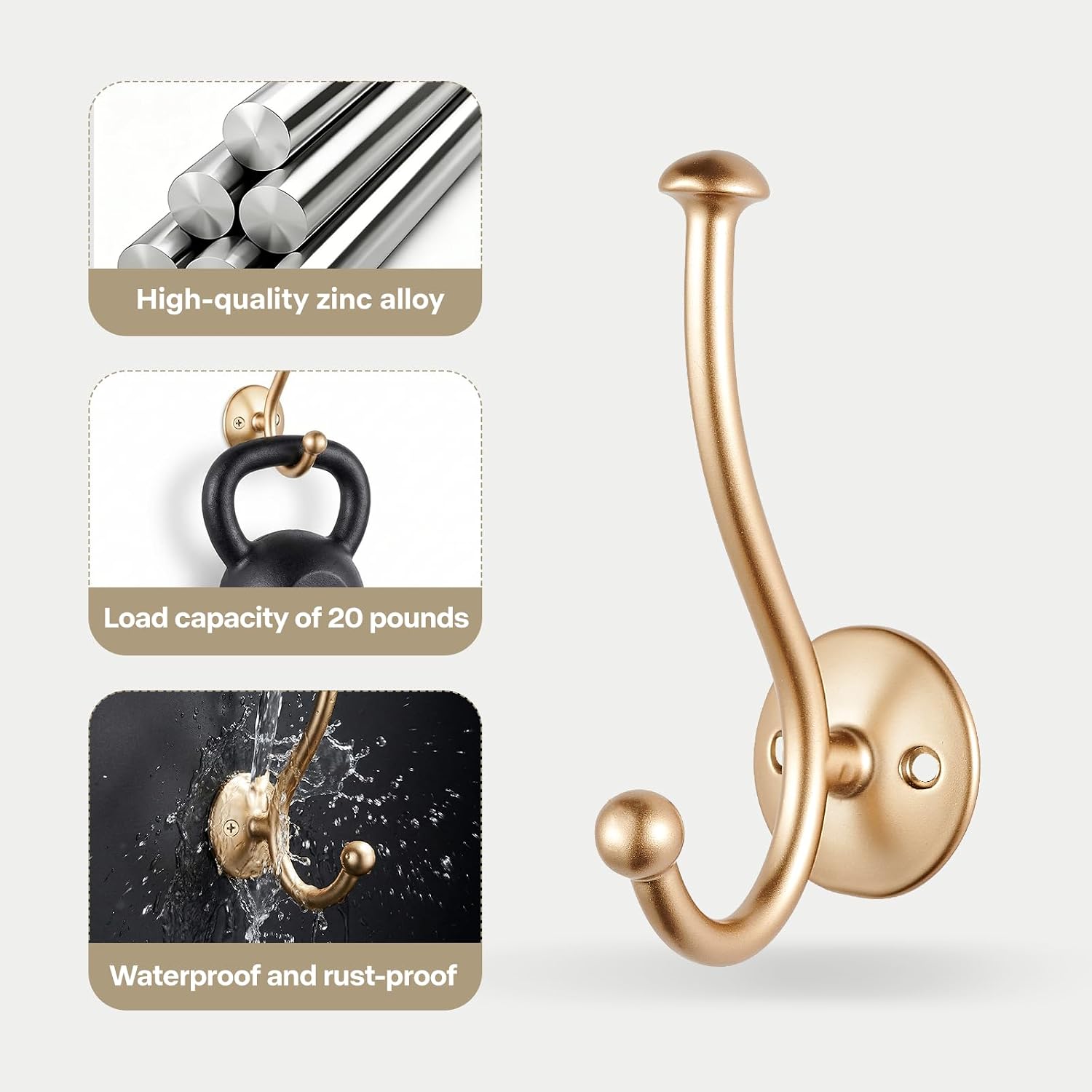 Champagne Bronze Wall Hooks Hardware, 4 Pack Wall Mounted Coat Hooks Robe Towel Hooks, Decorative Hanger Hooks with Screws for Coats, Towels, Robes, Keys, Bags, Hats, Cups (4 Pack-Gold)